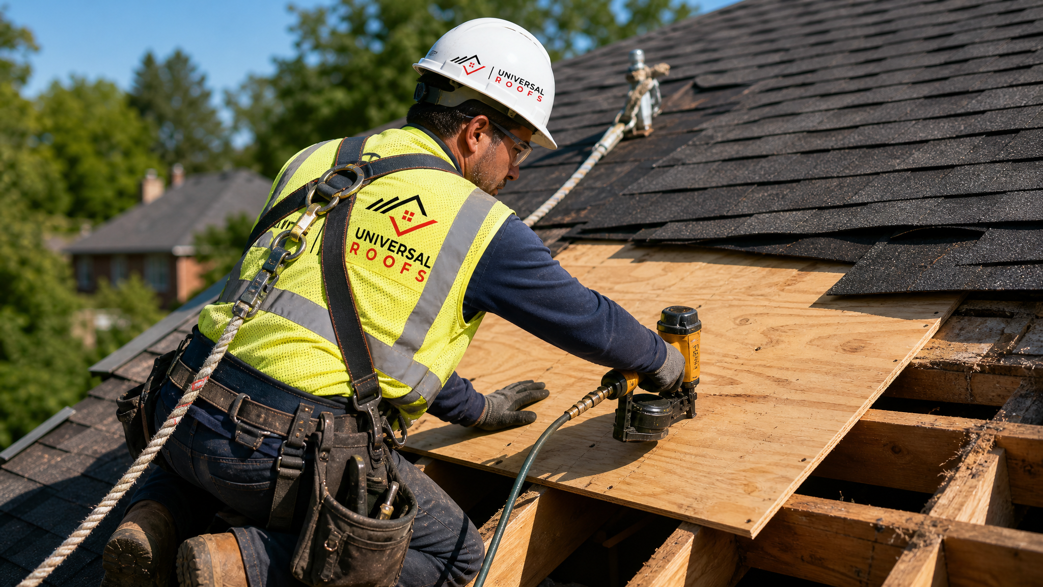 Roofer wearing full safety harness replacing damaged roof deck sheathing on a Toronto home