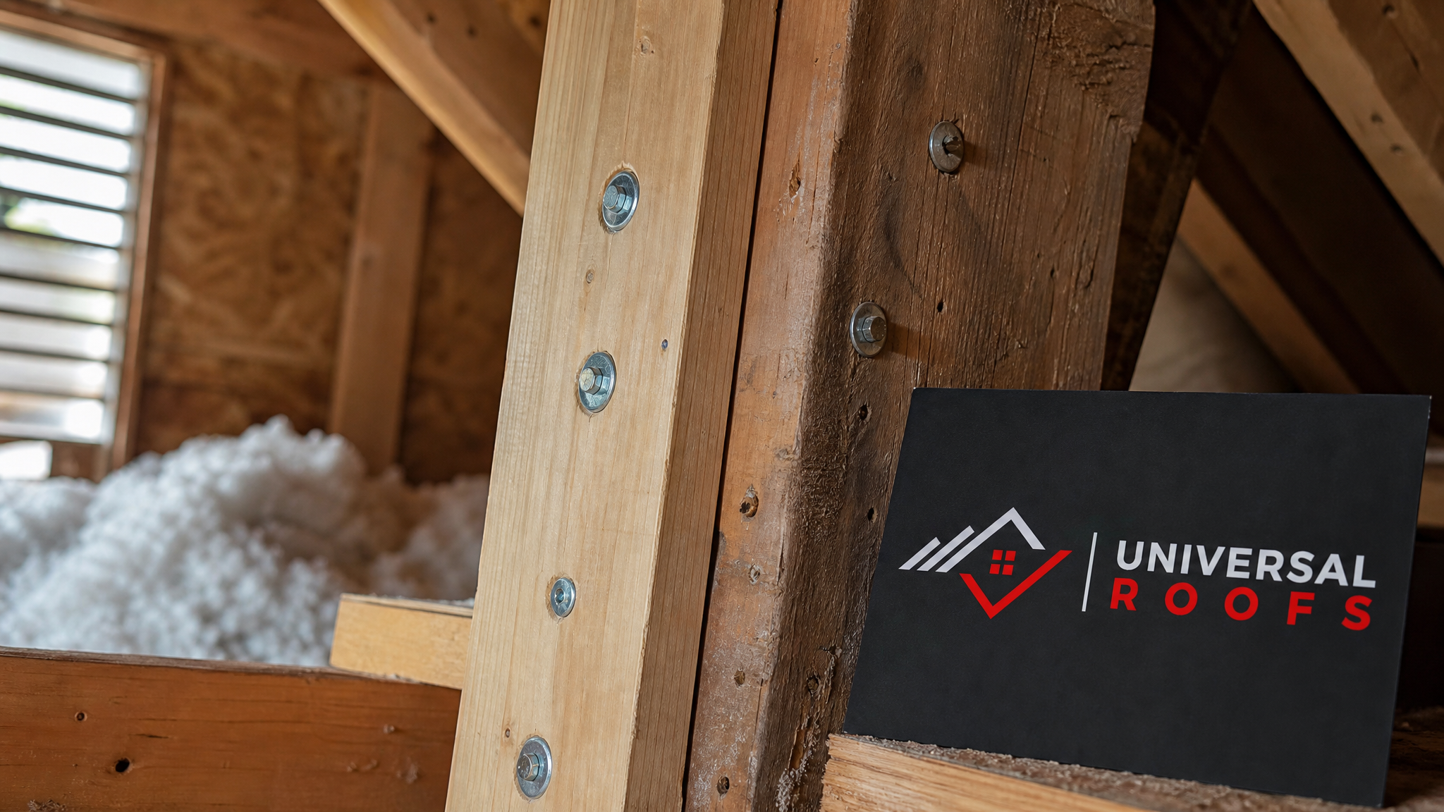 Close-up of newly sistered rafter with fresh lumber bolted alongside an original roof truss, showing structural roof repair detail