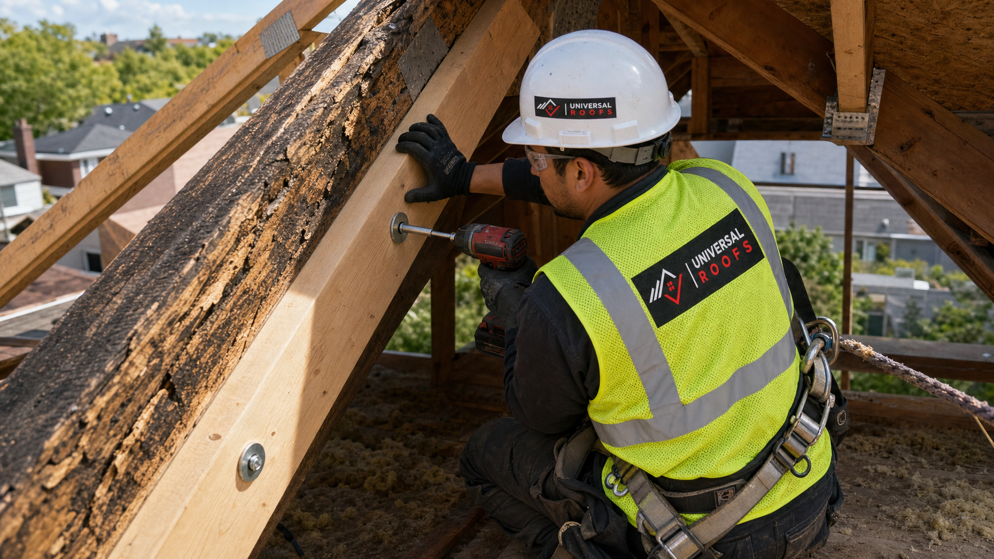 Roofer wearing full safety harness sistering a new rafter beside a damaged truss on a Toronto home during a sagging roof repair