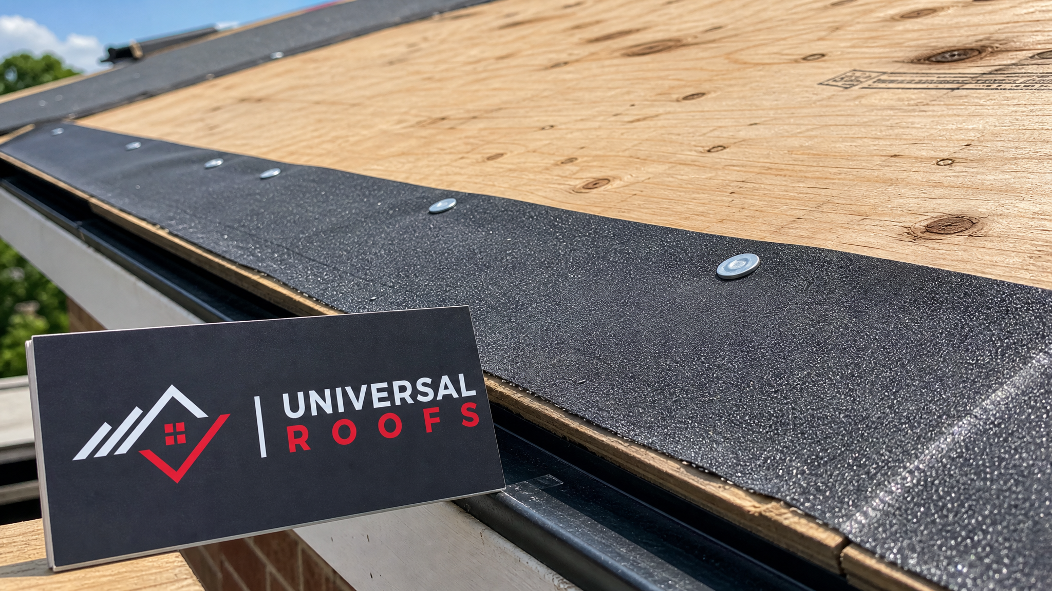 Close-up of new plywood roof decking with ice-and-water shield membrane applied along the edge