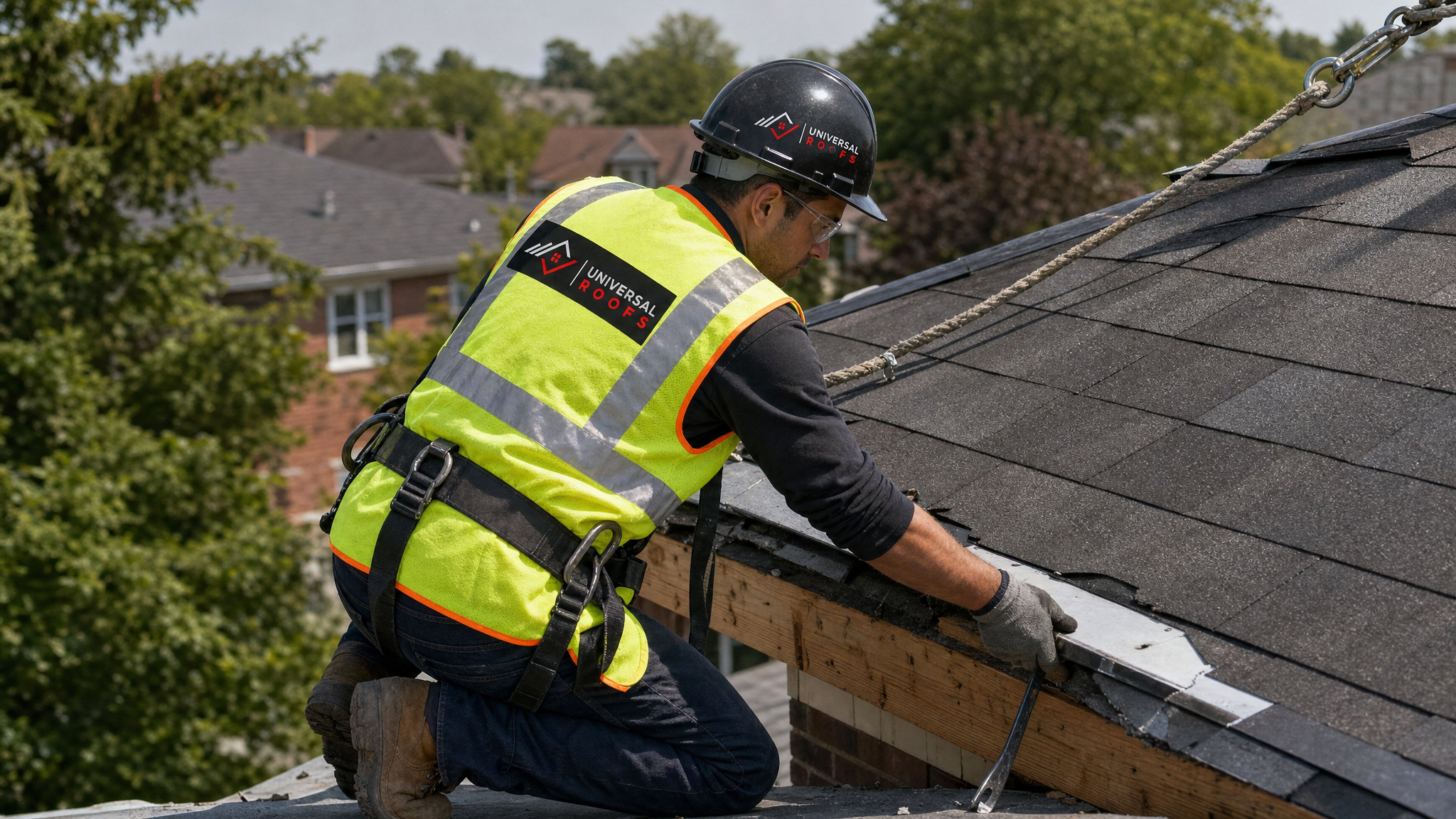 Roofing technician wearing full safety harness inspecting roof decking and flashing on a Toronto home