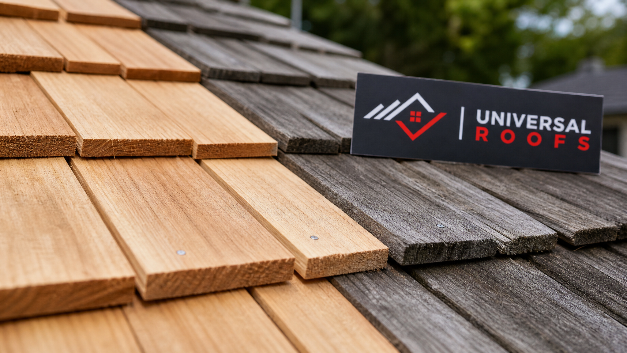 Close-up detail of new cedar wood shake overlap and nailing pattern against original weathered shakes on a Toronto roof