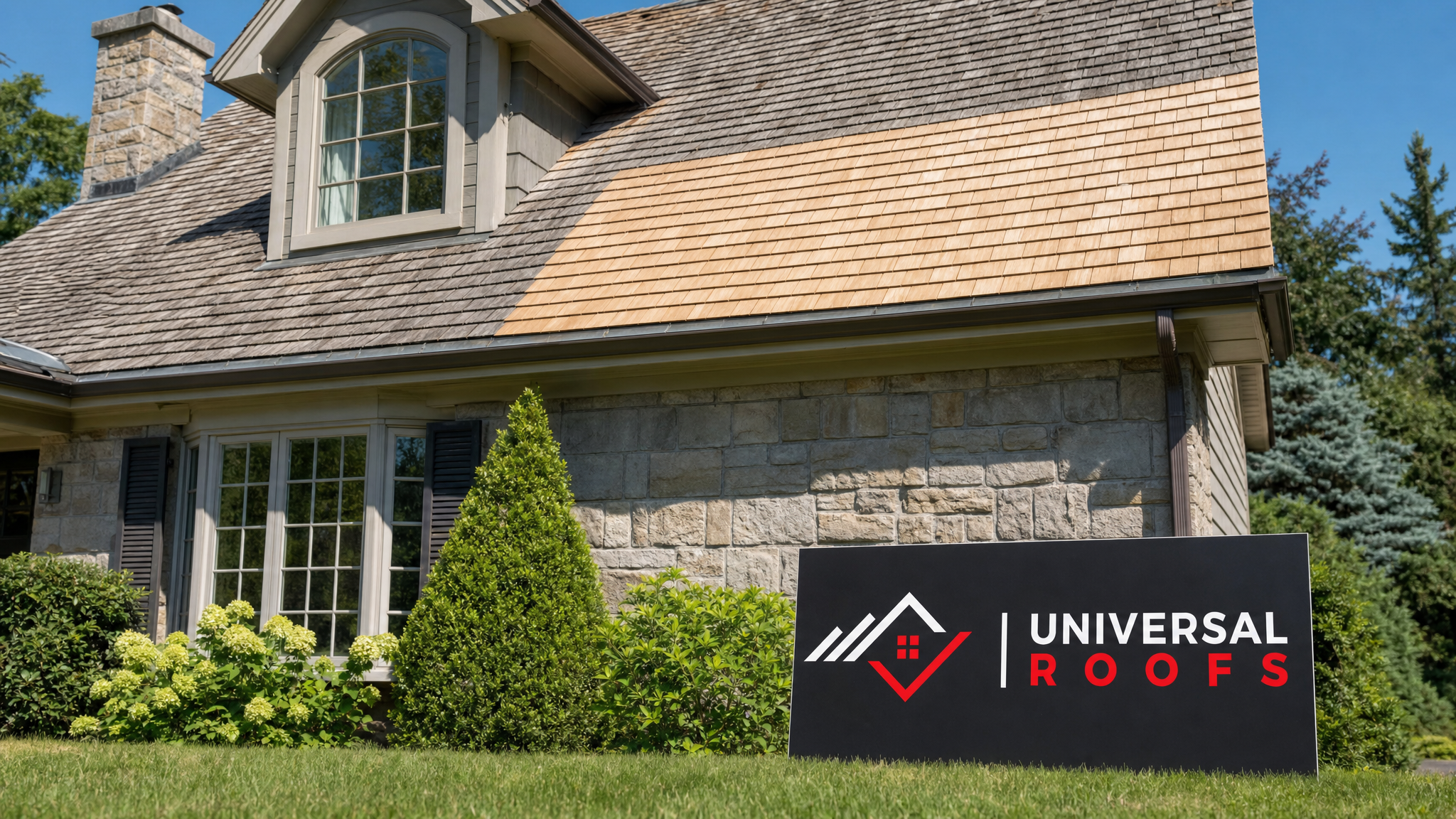 Repaired cedar wood shake roof on a Toronto home in summer daylight with new shakes blending into the existing roofline