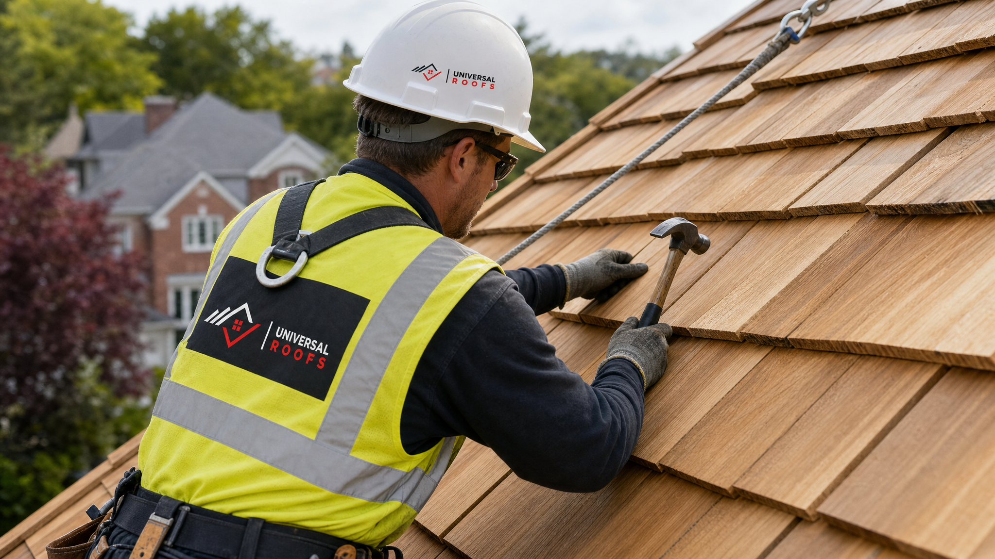 Roofer wearing full safety harness and PPE nailing a new cedar shake into place on a sloped roof in Toronto