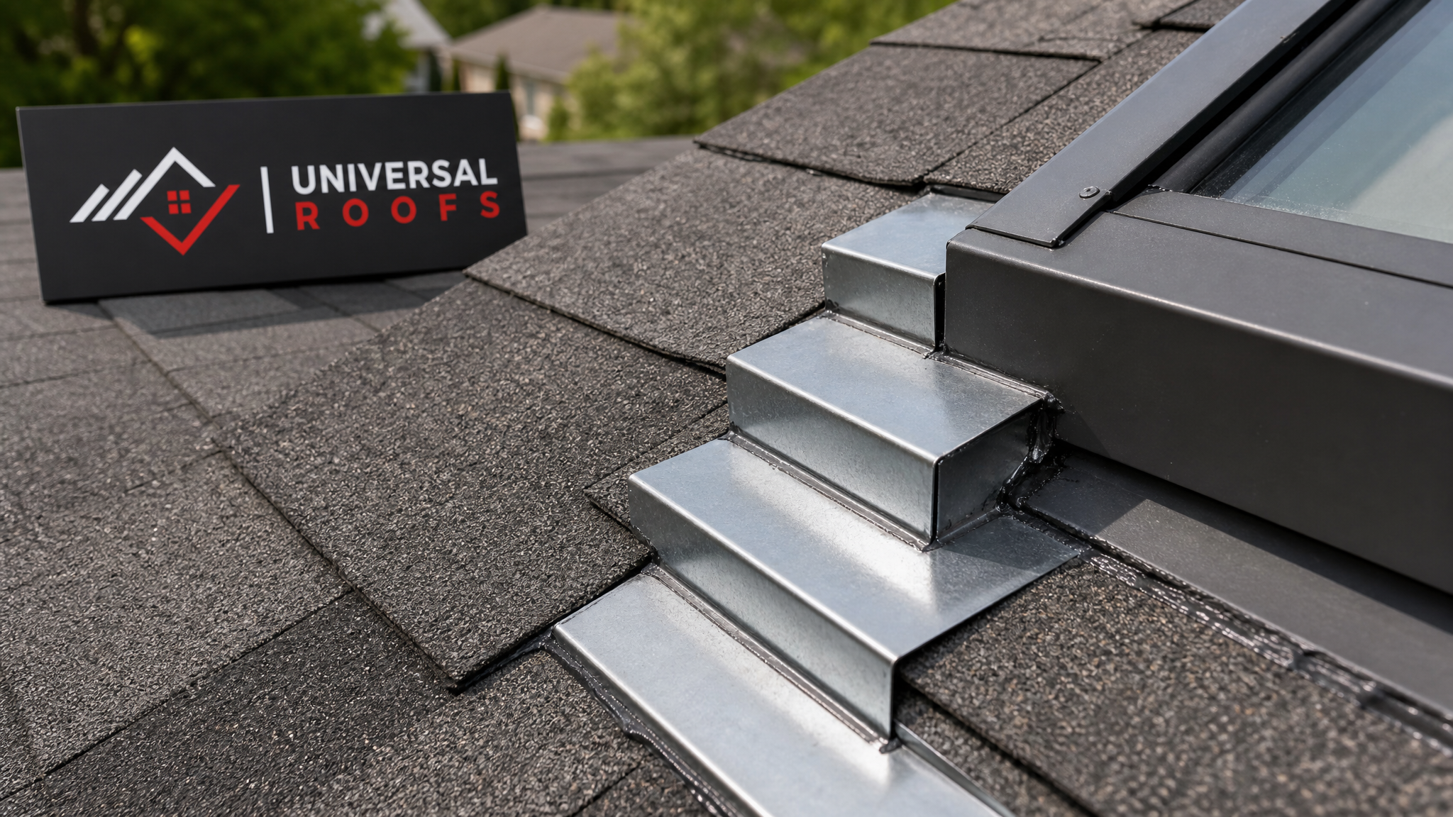 Close-up of new step flashing pieces interleaved with shingles around a skylight curb