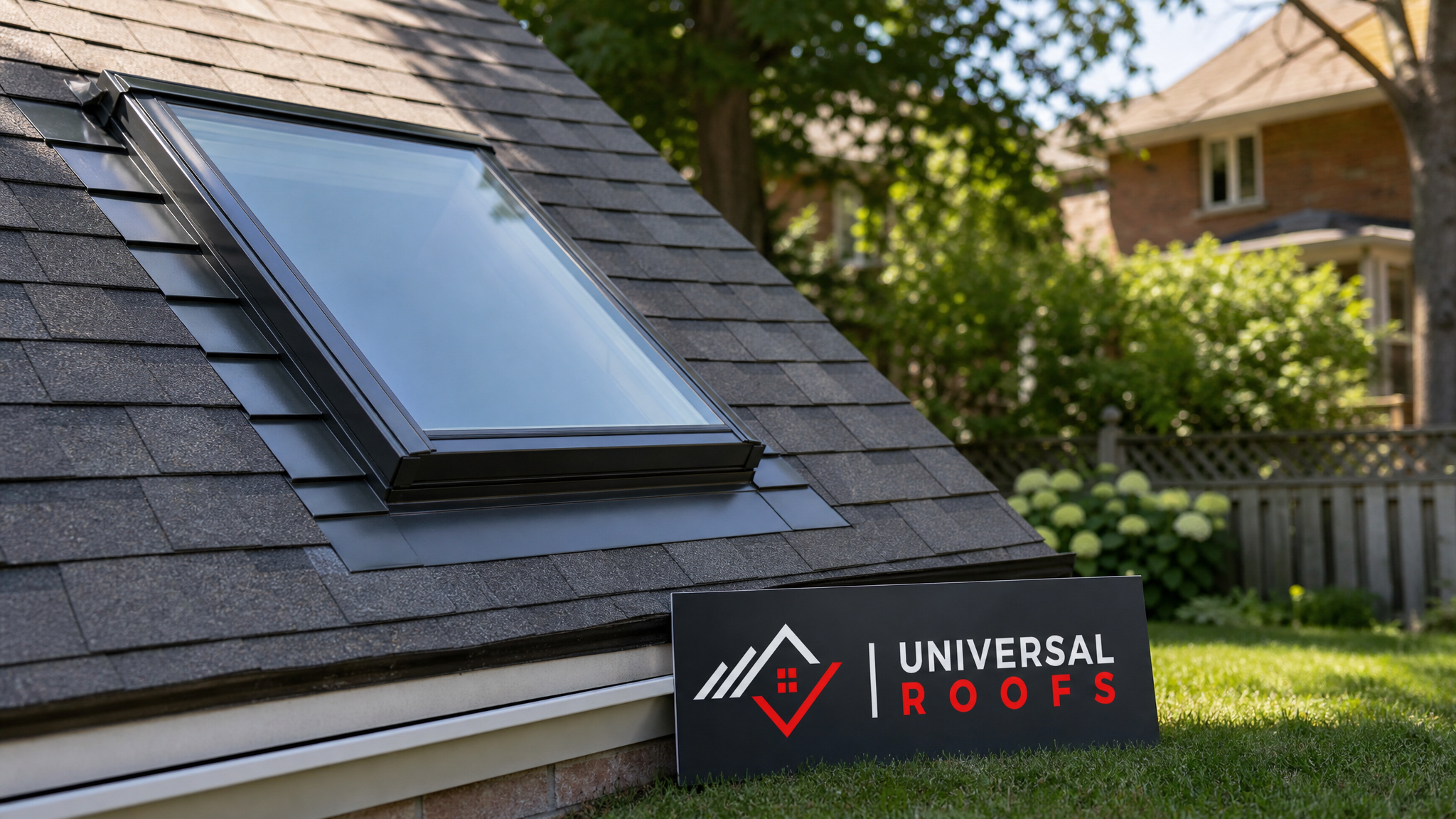 Finished skylight on a Toronto home with clean new flashing and clear glass on a sunny summer day