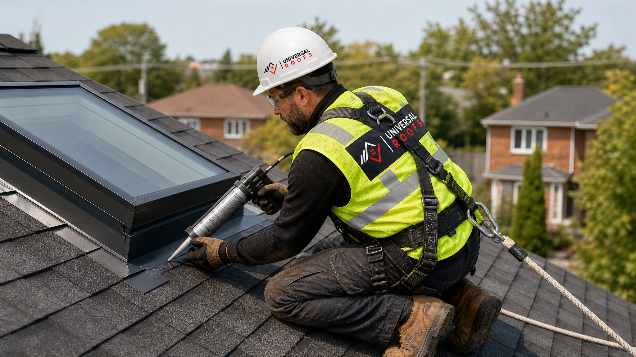 Roofer wearing full safety harness and PPE inspecting skylight flashing on a Toronto rooftop in daylight