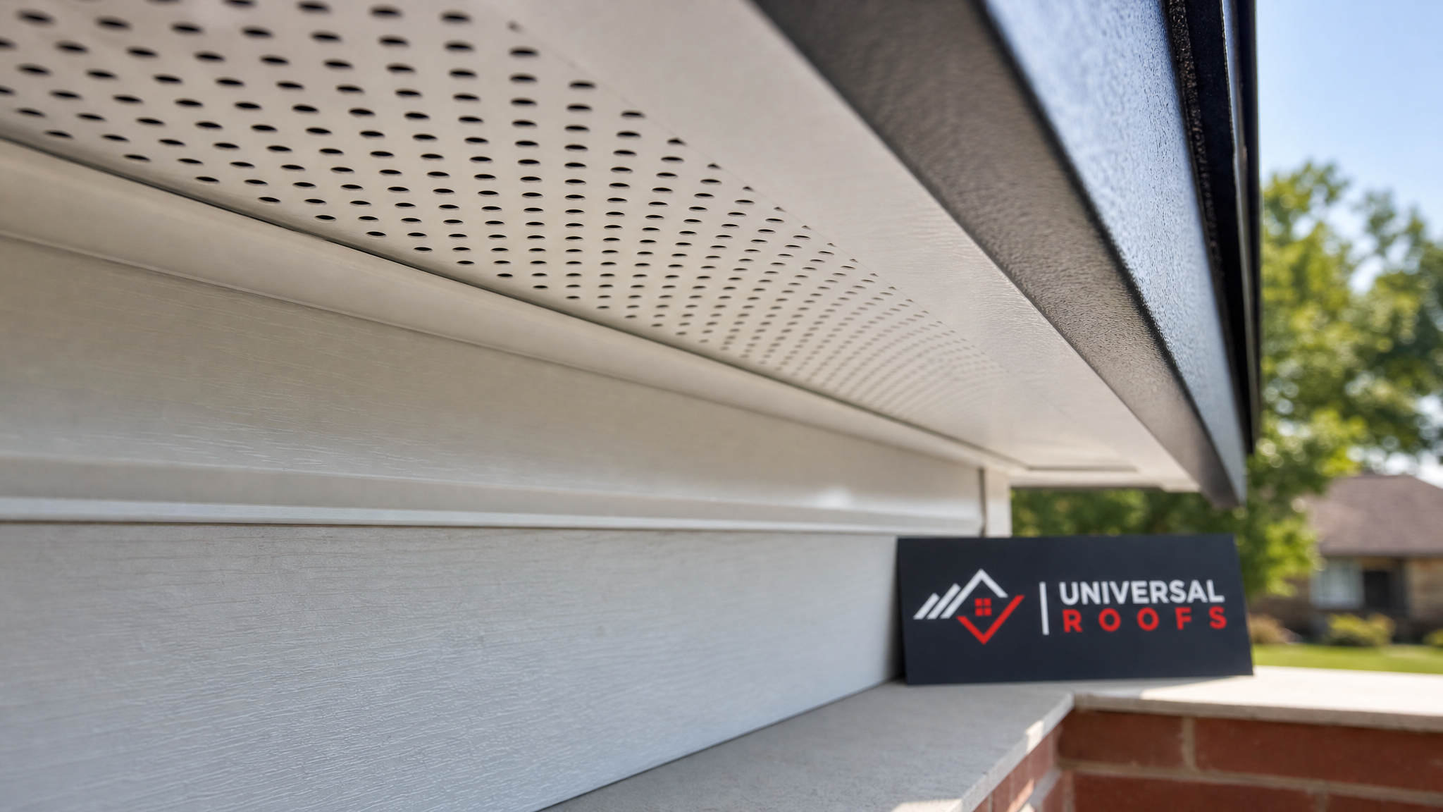 Close-up detail of a continuous soffit intake vent installed under a roof overhang