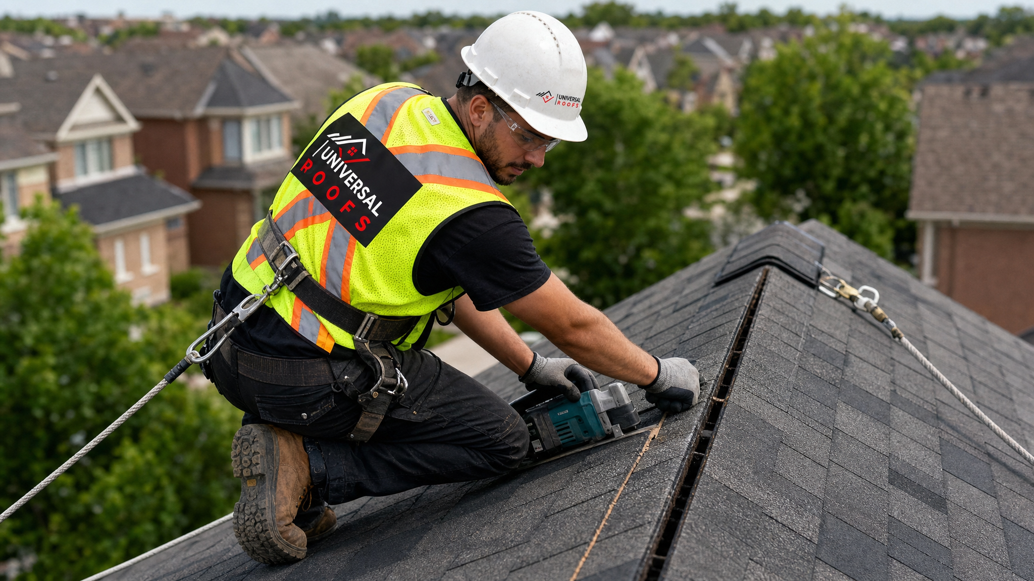 Roofer wearing full safety harness installing a ridge exhaust vent along the peak of a sloped roof