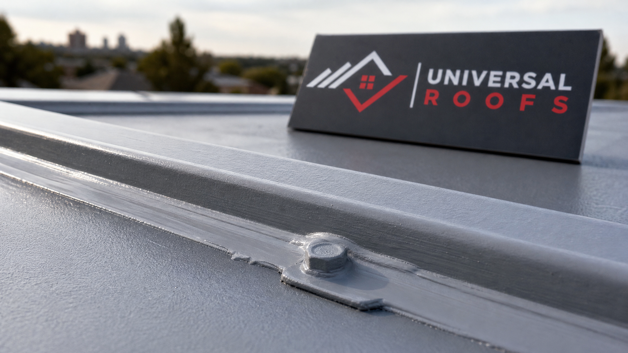 Close-up of a metal roof panel seam showing properly sealed fastener and fresh coating next to a branded inspection sign