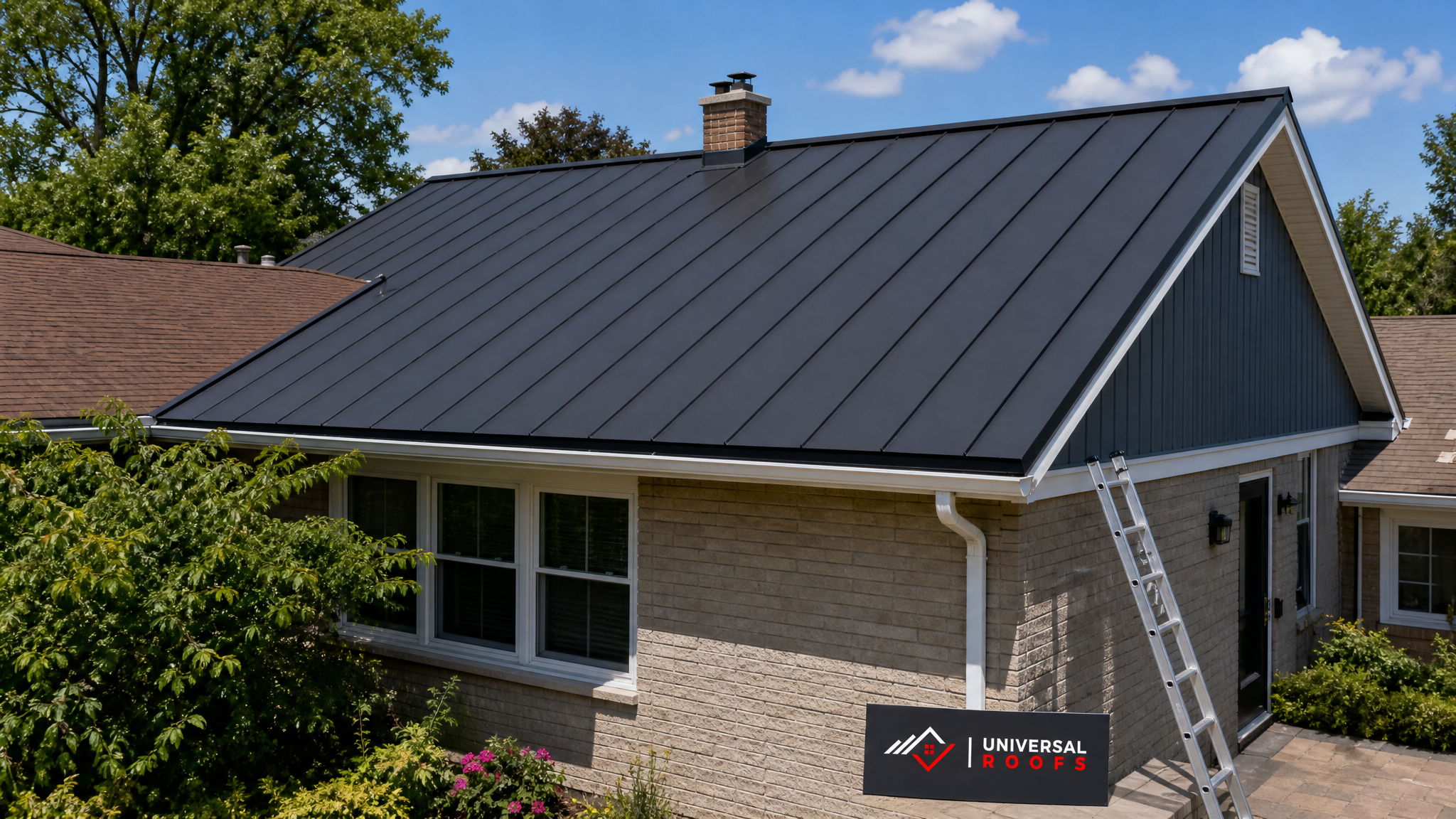 Freshly repainted metal roof on a Toronto home with smooth, evenly bonded coating and no blistering under summer daylight