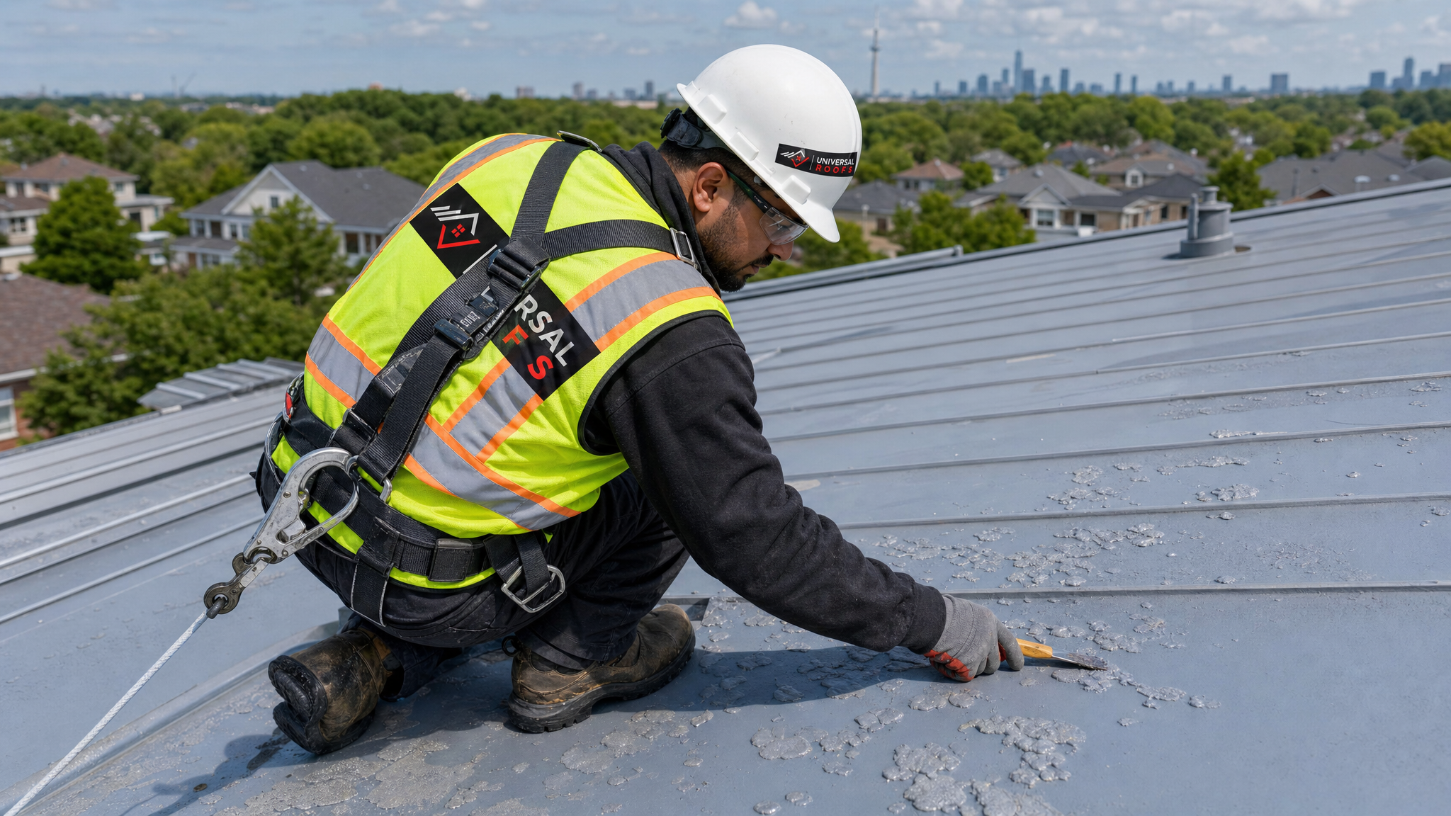 Roofing technician wearing full safety harness inspecting blistered paint on a metal roof panel in Toronto