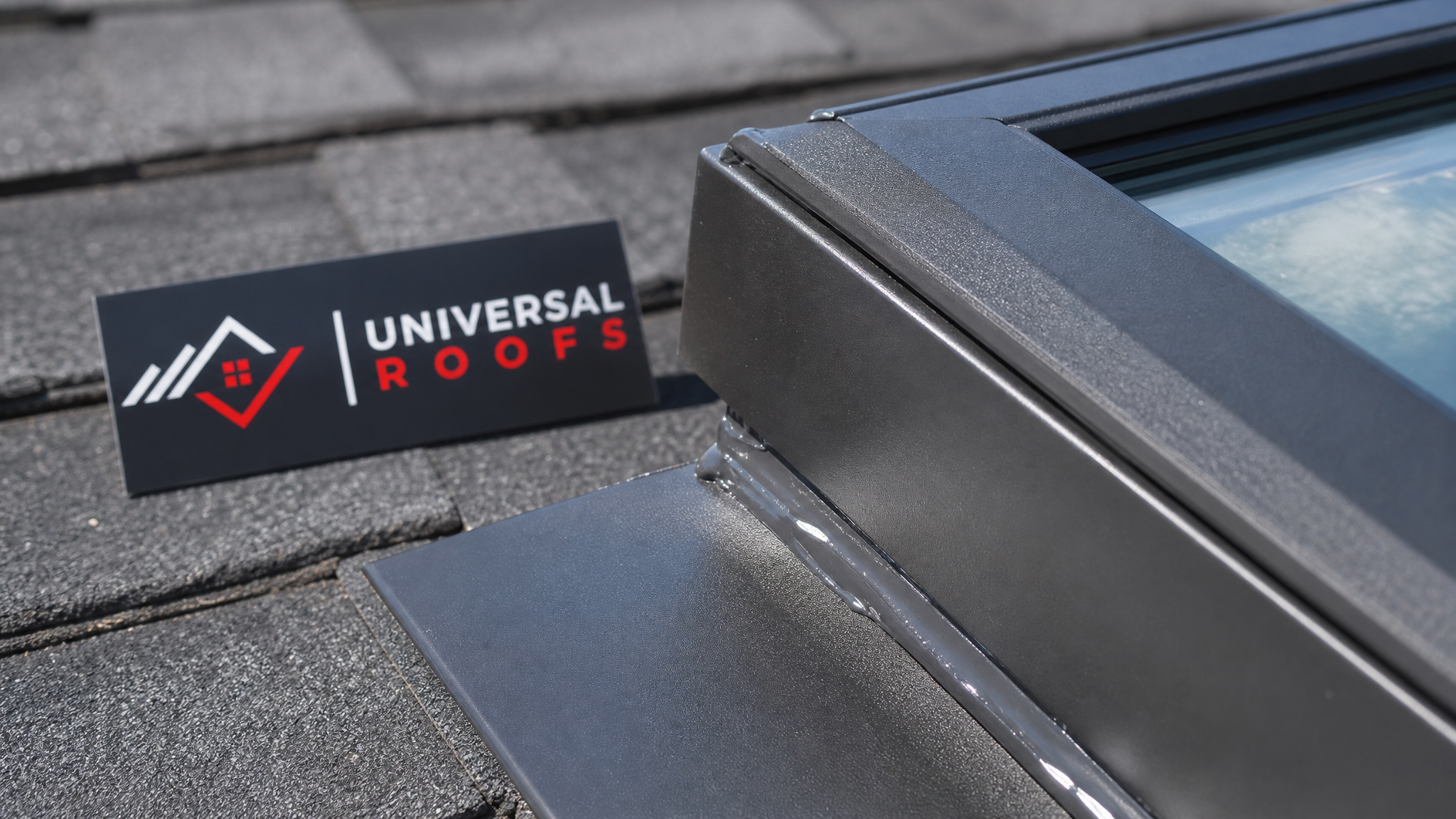Close-up of a skylight frame corner joint showing sealant detail and flashing during repair