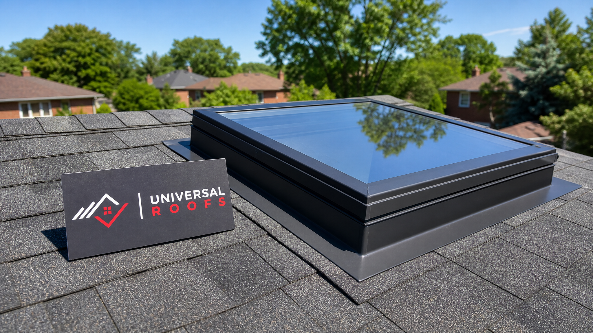 A newly repaired skylight with a sound, weathertight frame on a Toronto home roof in summer daylight
