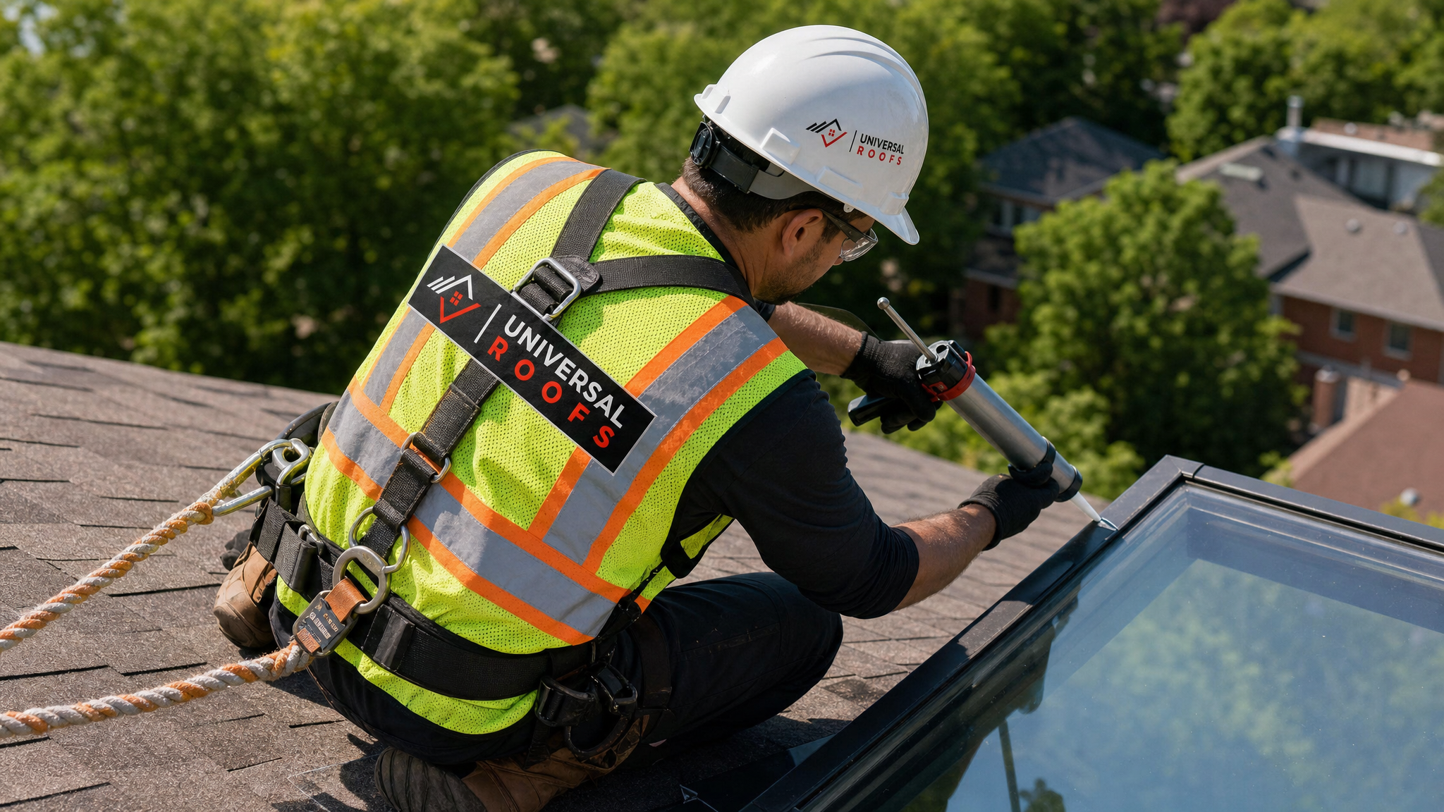 Roofer wearing full safety harness inspecting and repairing a skylight frame on a Toronto rooftop