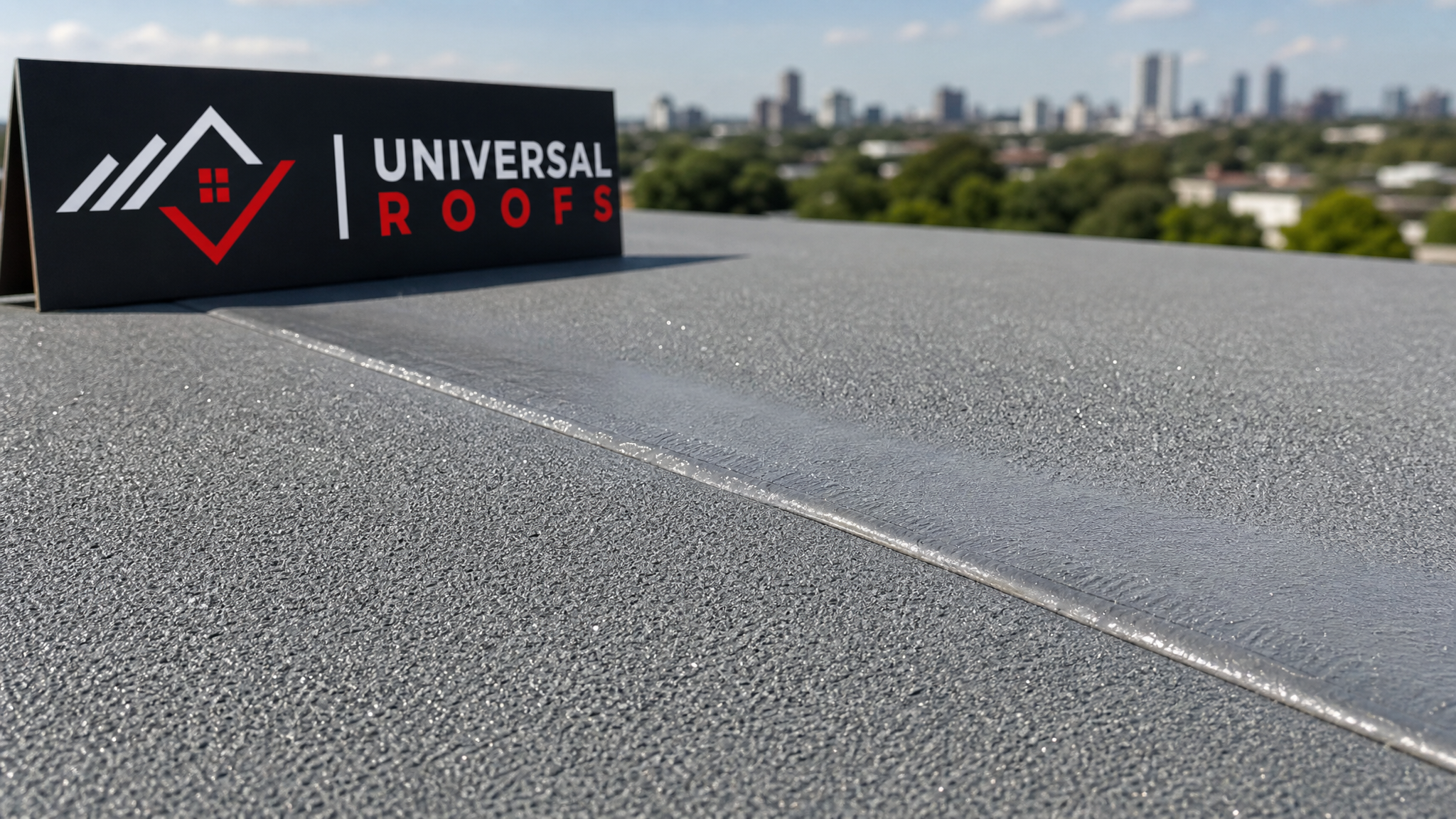 Close-up of a heat-welded TPO membrane seam repair with a Universal Roofs branded sign placard nearby