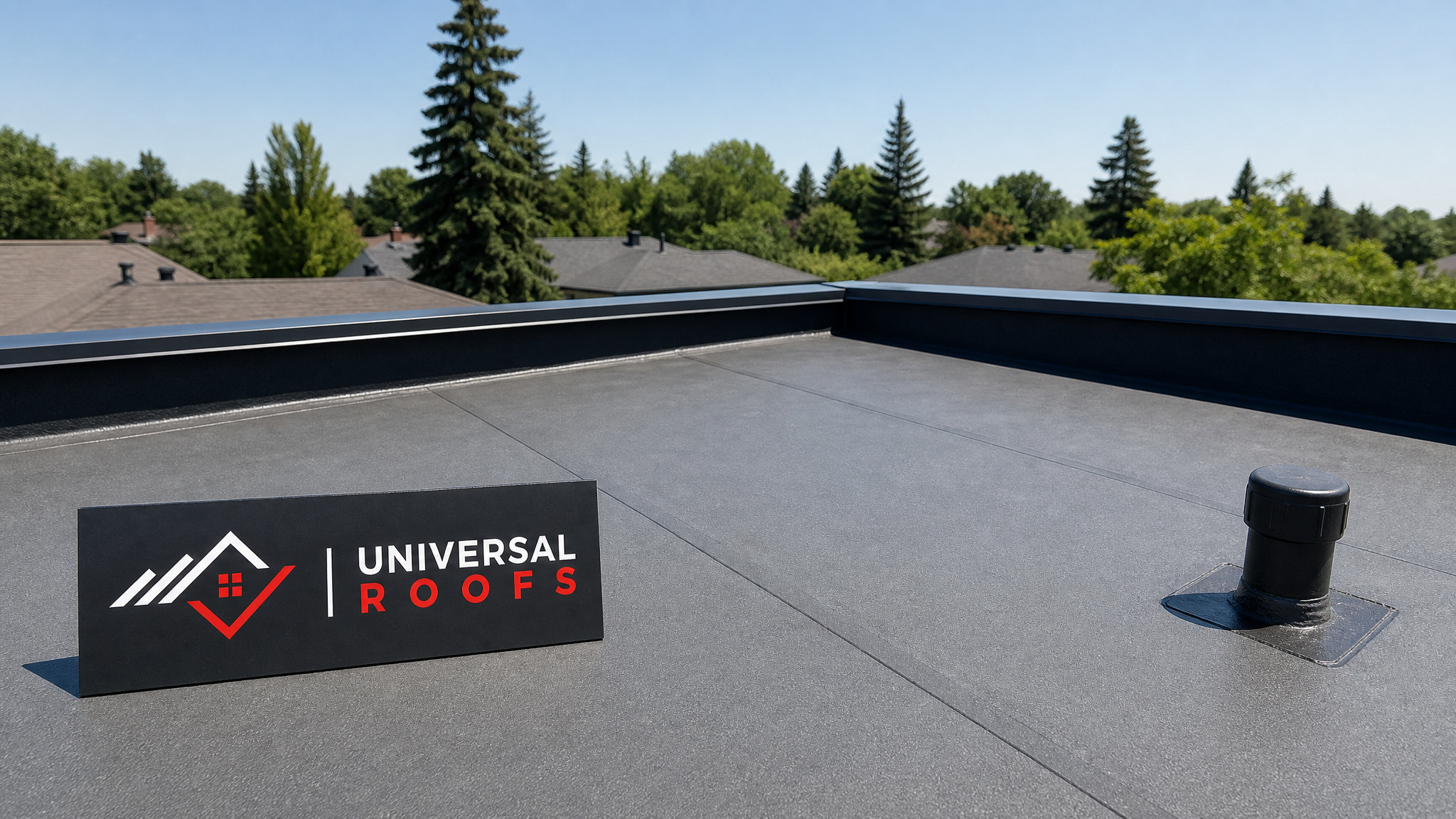 Freshly repaired flat roof membrane in Toronto under summer daylight with sealed seams and a Universal Roofs sign placard