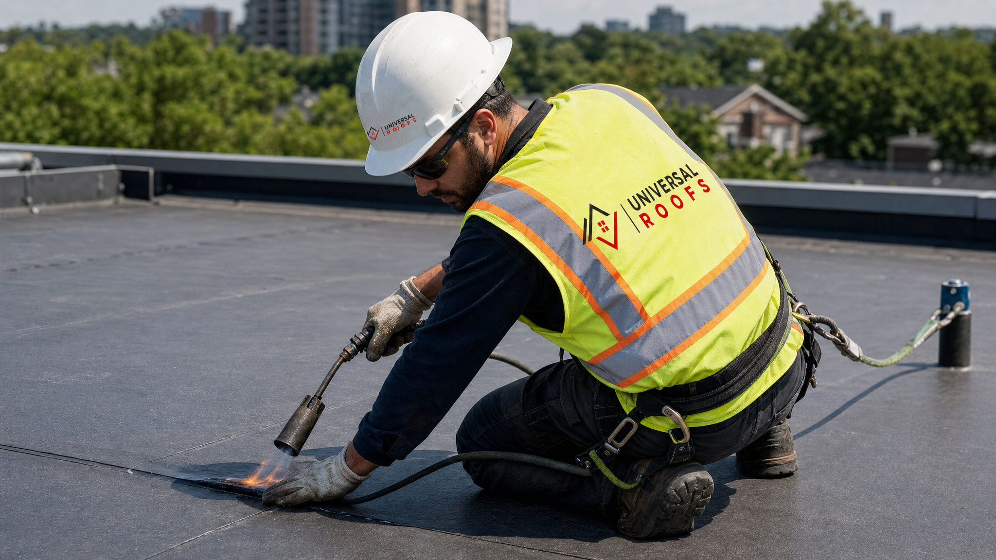 Roofer wearing full safety harness and PPE inspecting and repairing a flat roof membrane seam in Toronto