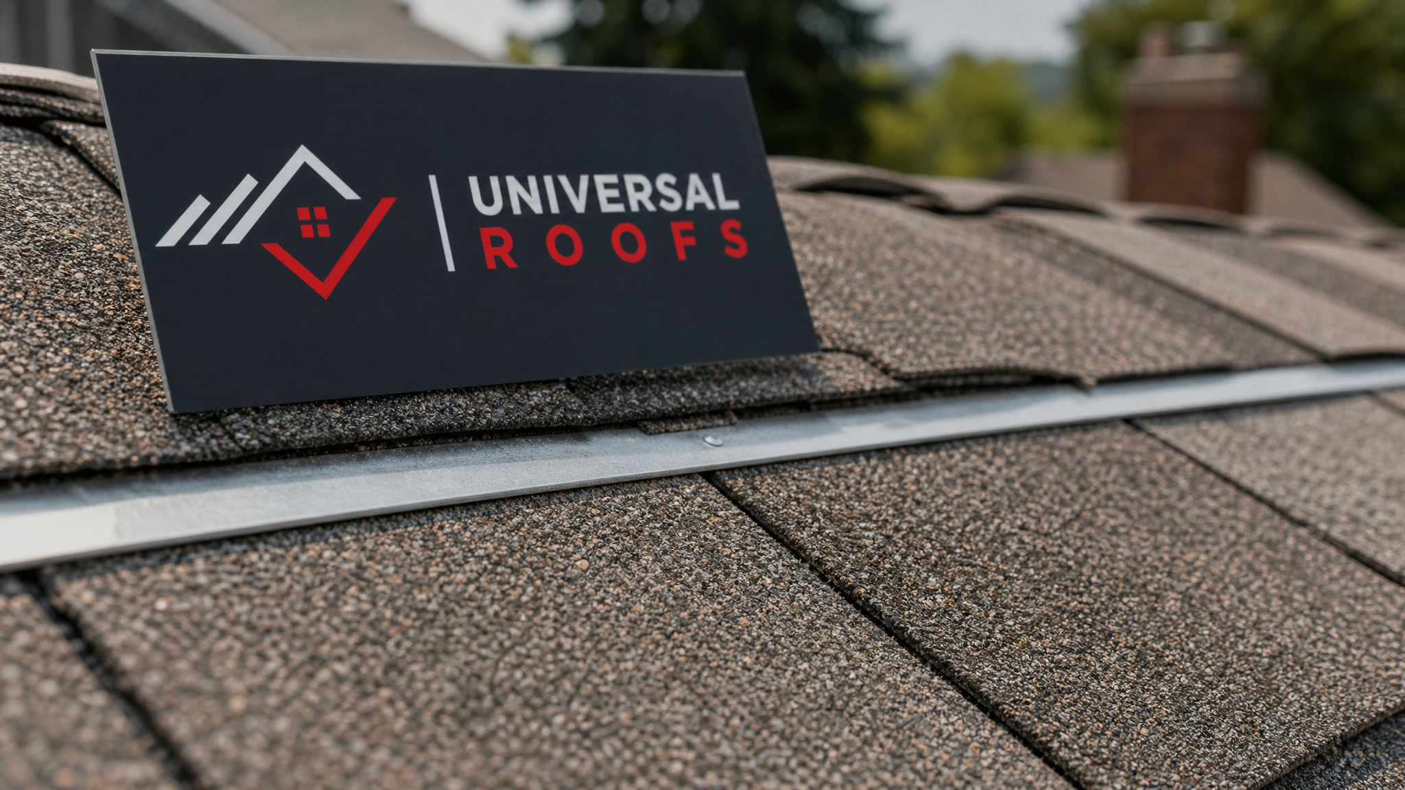 Close-up detail of asphalt shingle granules with a zinc control strip installed near the ridge, with a Universal Roofs branded sign placard visible