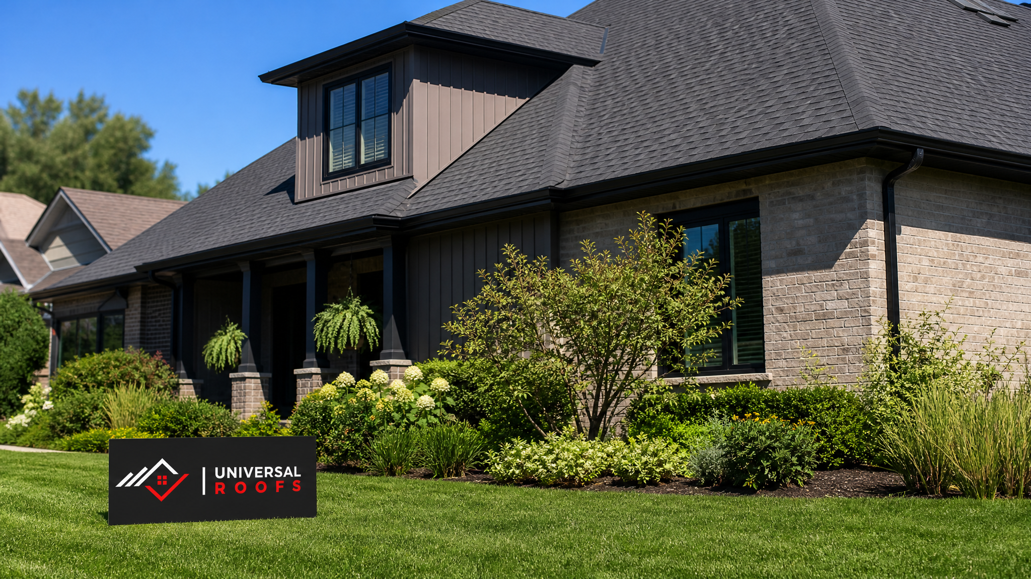 A clean, moss-free asphalt shingle roof on a Toronto home in bright summer daylight, with a Universal Roofs branded sign placard resting on the lawn nearby
