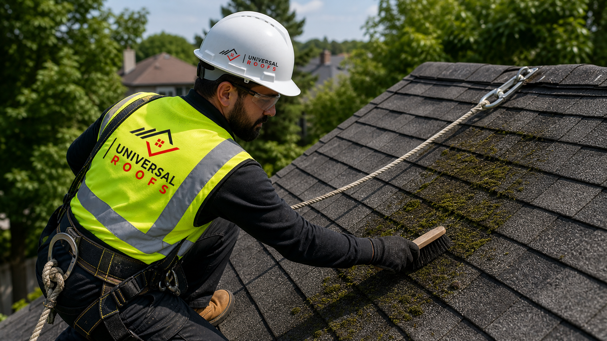 A Universal Roofs technician wearing full safety gear including a harness and safety rope while gently removing moss from an asphalt shingle roof in Toronto