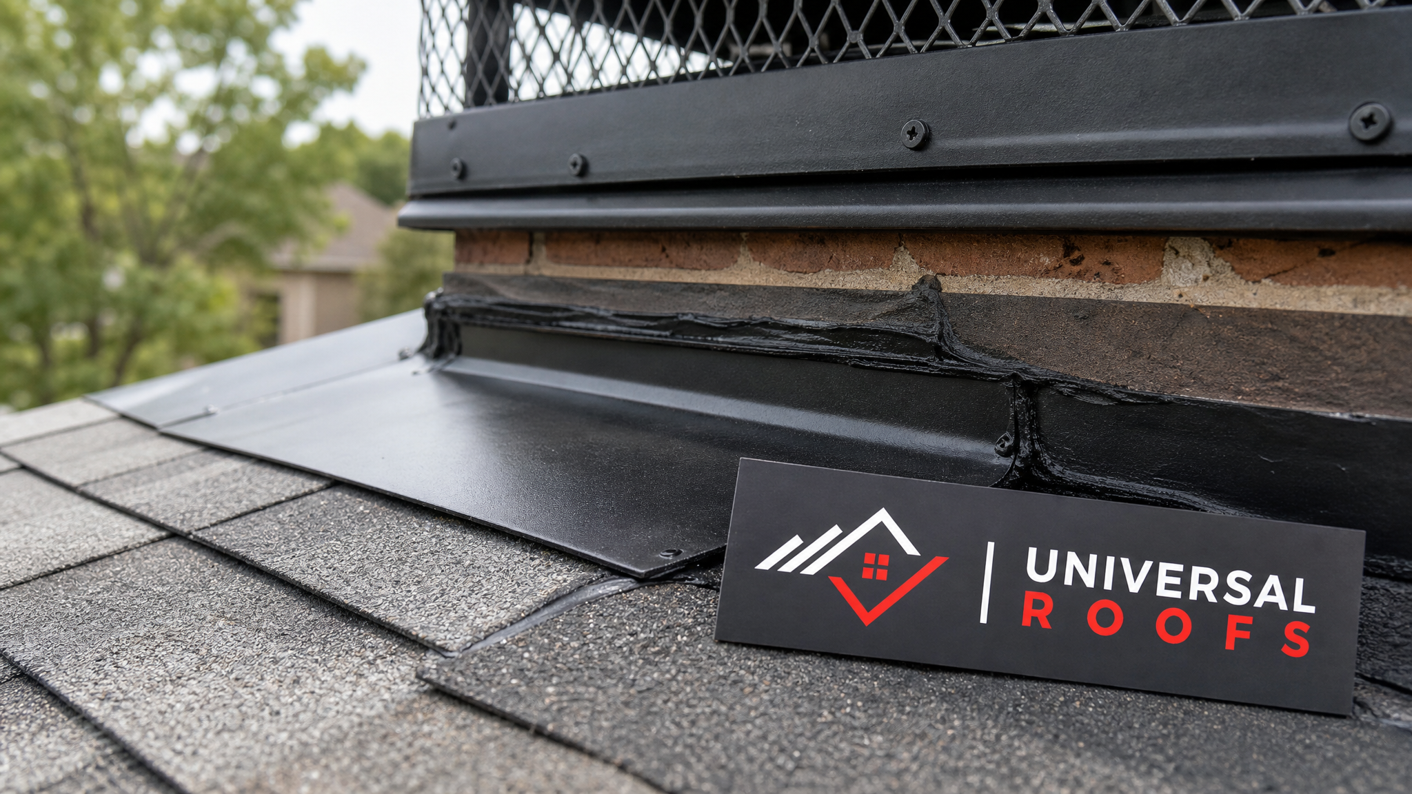 Close-up detail of a chimney cap and flashing seam on a residential roof