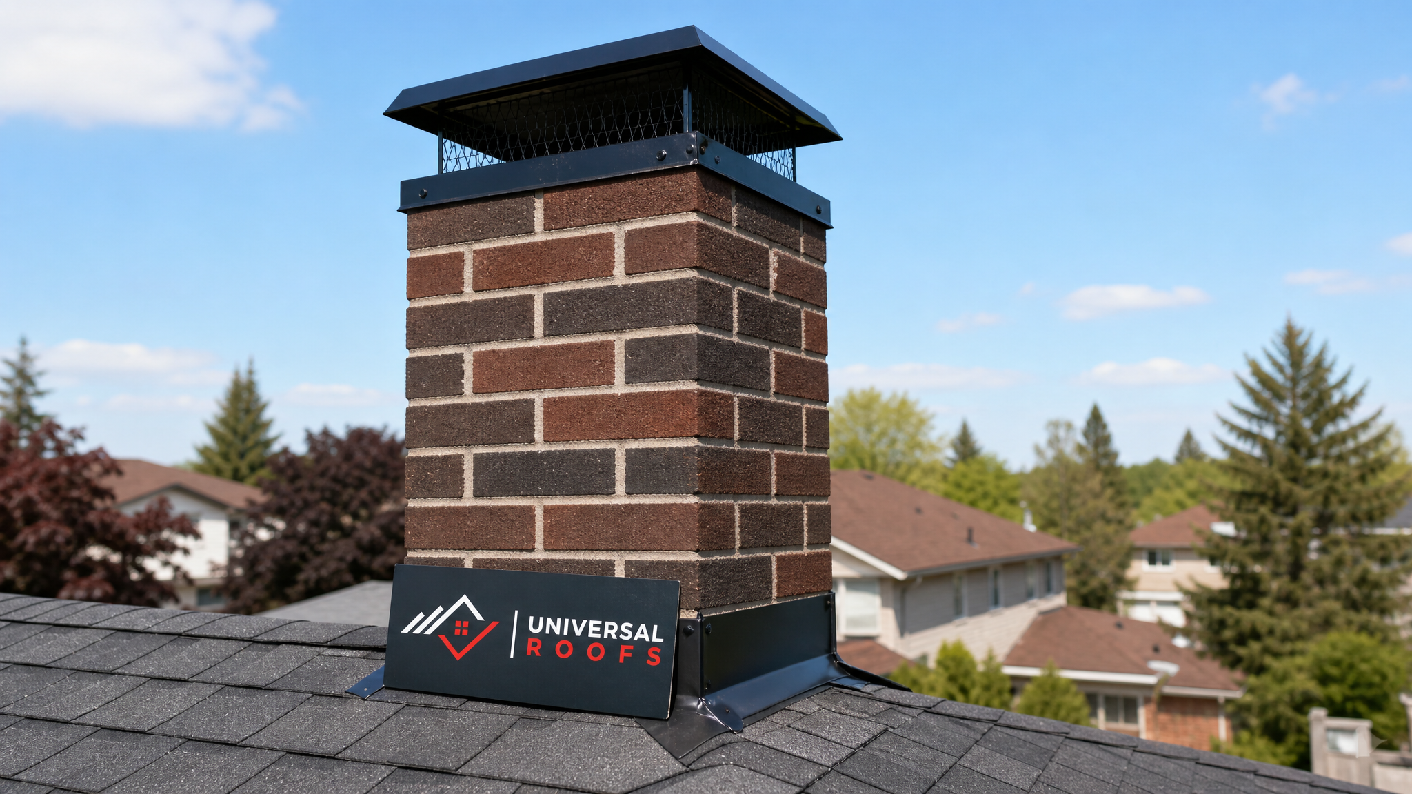 Brick chimney with a properly fitted cap and flashing on a Toronto home roofline in daylight