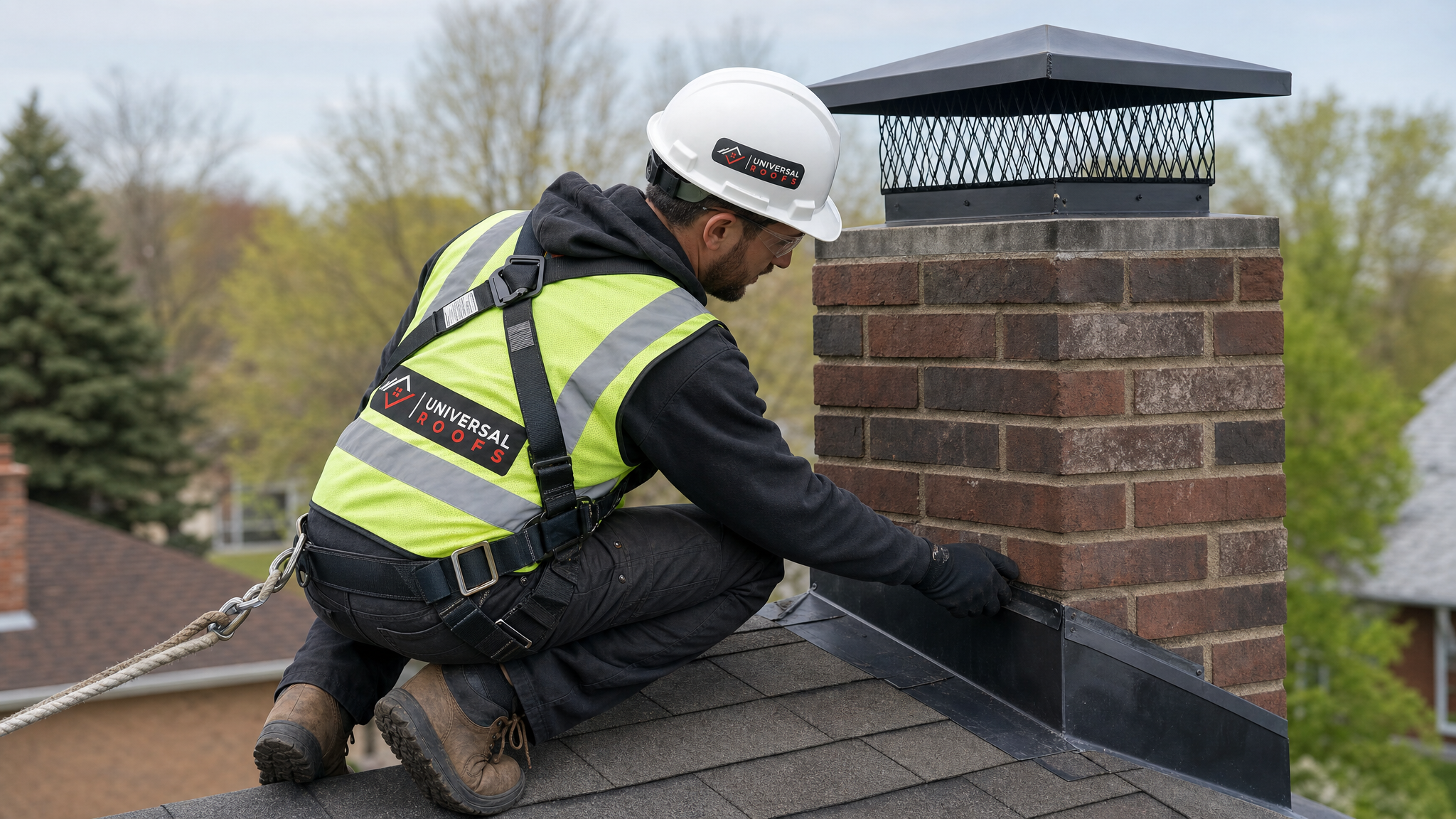 Roofing technician in full safety gear inspecting chimney flashing and cap on a residential roof