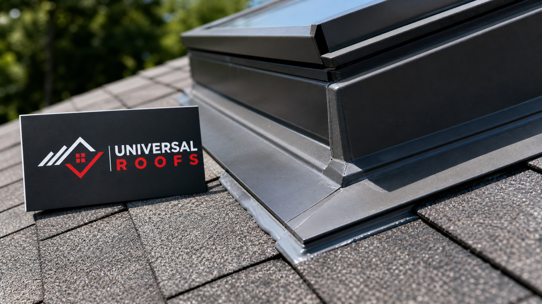 Close-up of new step flashing and sealant bead around a skylight curb with a Universal Roofs branded sign placard nearby