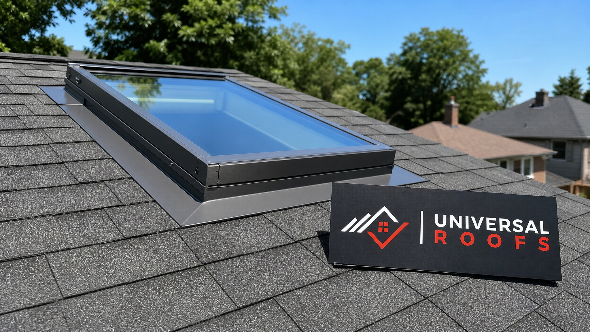 Newly resealed residential skylight on a Toronto home roof with dry, clean flashing under bright summer daylight