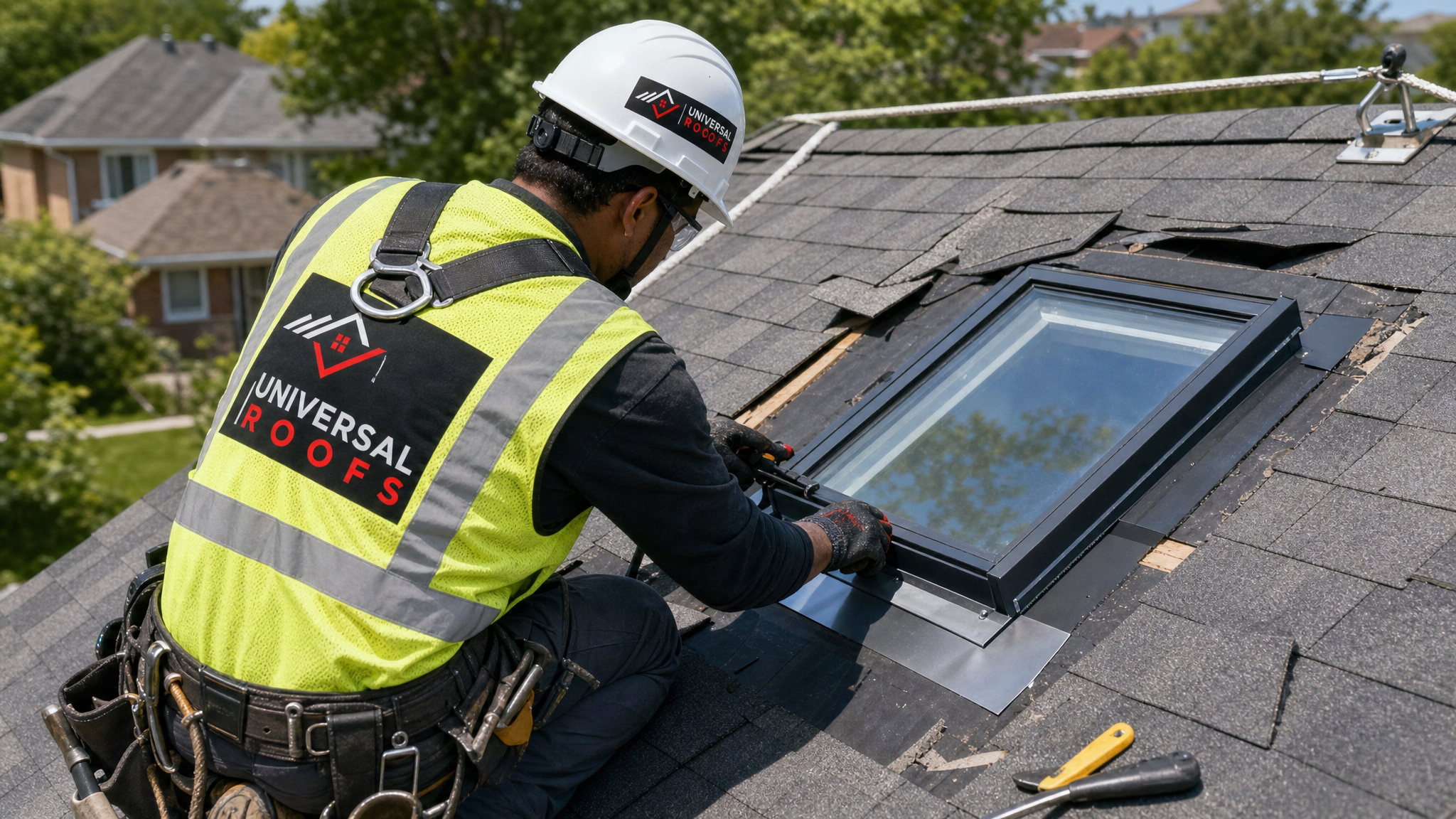 Roofer wearing a hard hat, hi-vis vest, and fall protection harness re-flashing a skylight on a sloped residential roof in daylight