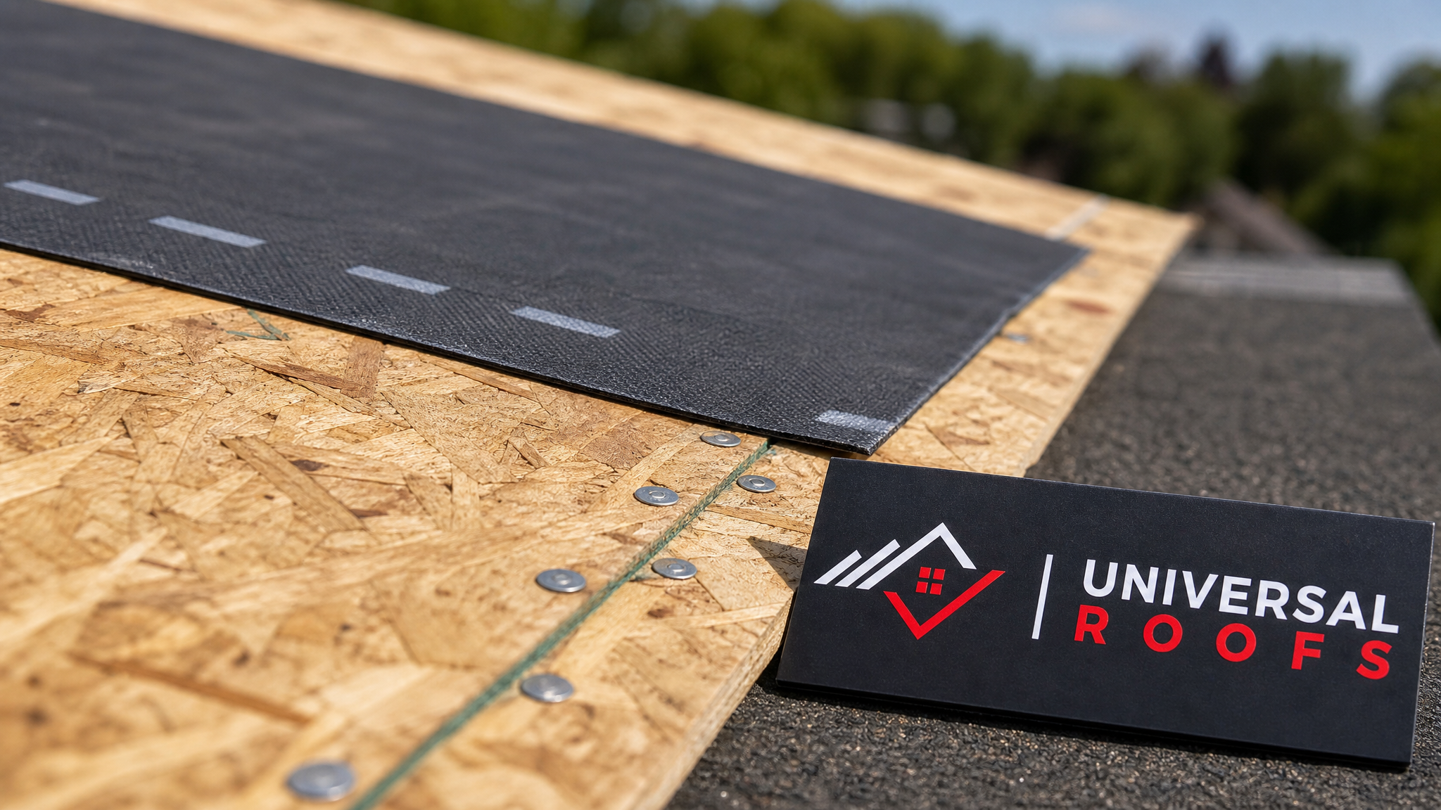 Close-up detail of new OSB roof decking panel edge with proper nailing pattern and ice and water shield underlayment