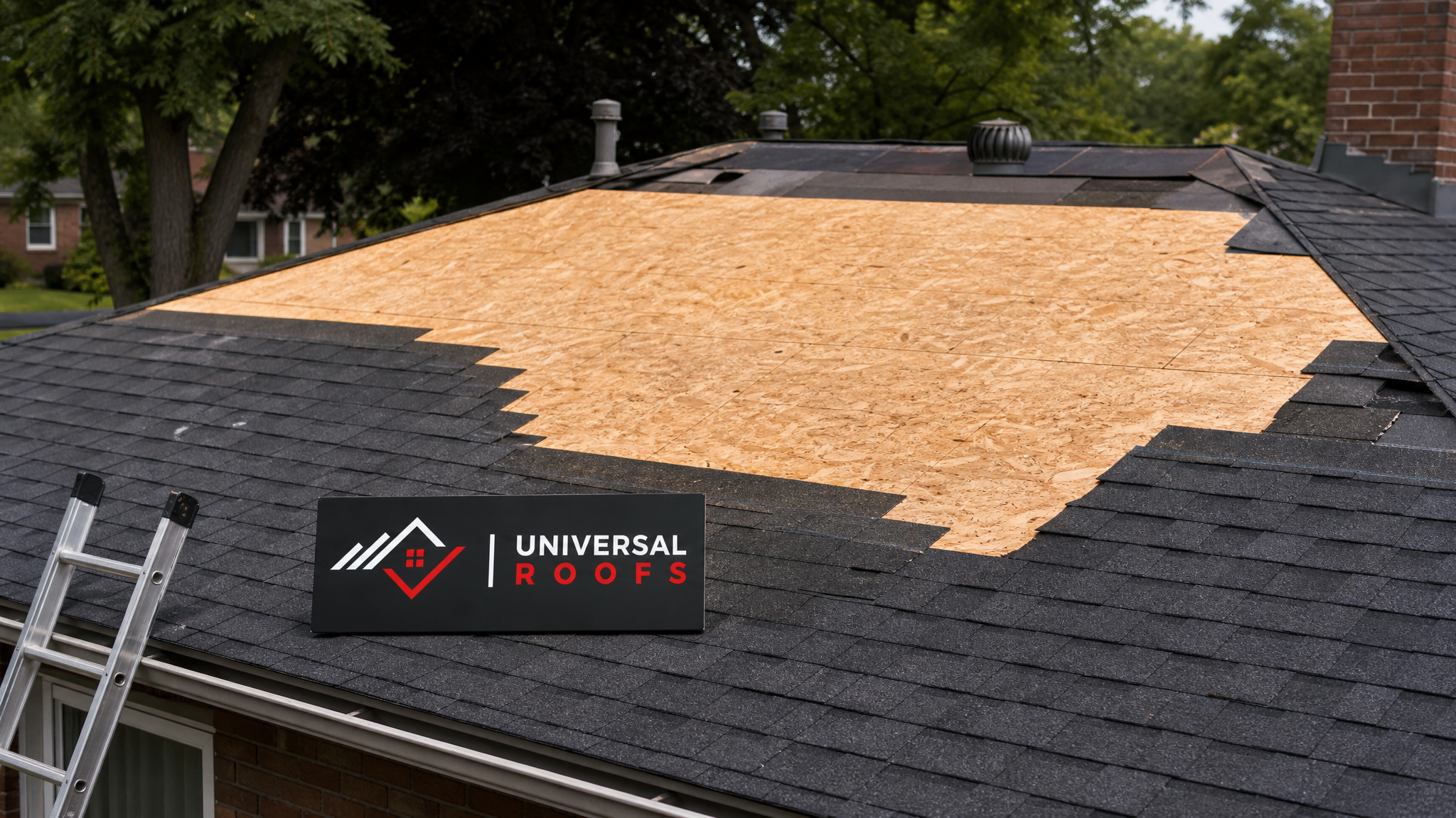 Newly repaired roof decking on a Toronto home with clean plywood sheathing visible under summer daylight