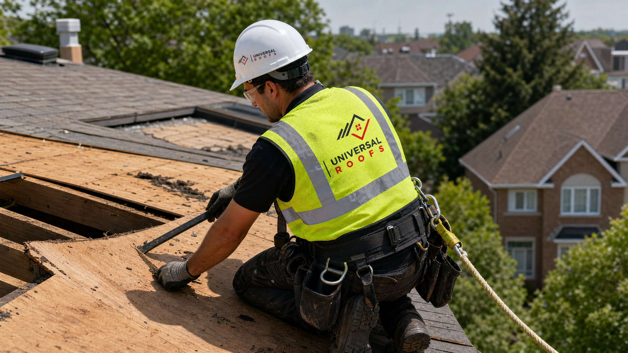 Roofer wearing full safety harness and PPE inspecting and replacing a section of roof decking on a residential roof