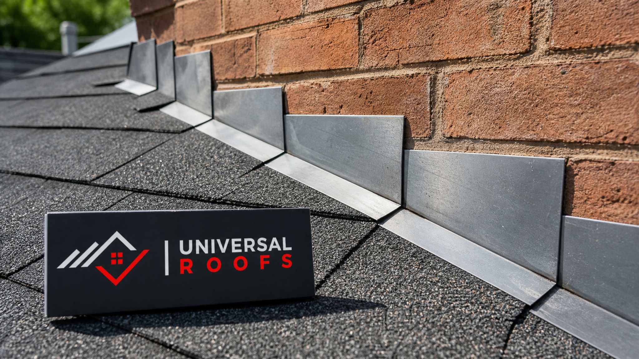 Close-up of aluminum step flashing pieces interwoven between asphalt shingle courses at a chimney base