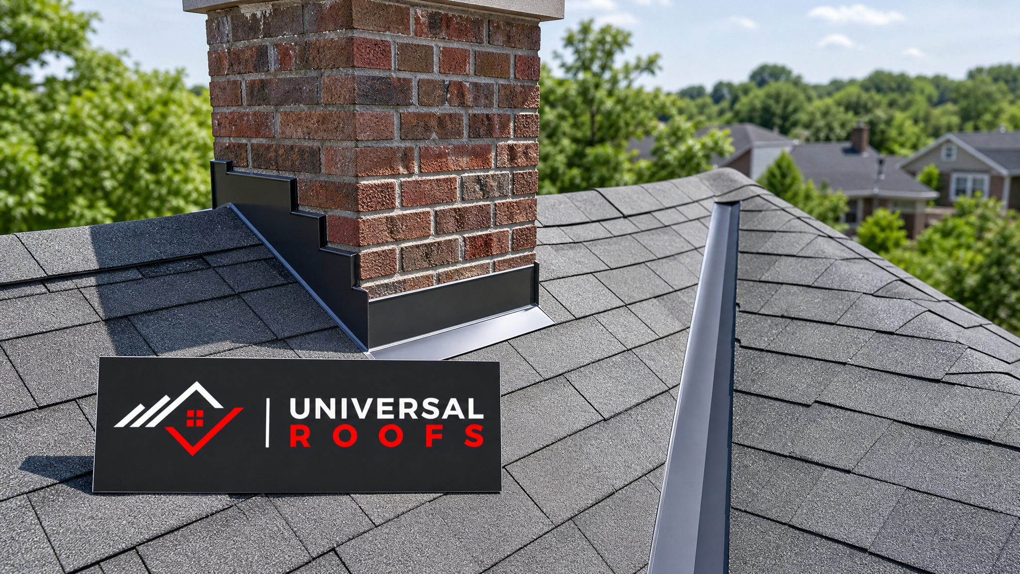Freshly installed step flashing and valley flashing on a shingle roof in bright summer daylight