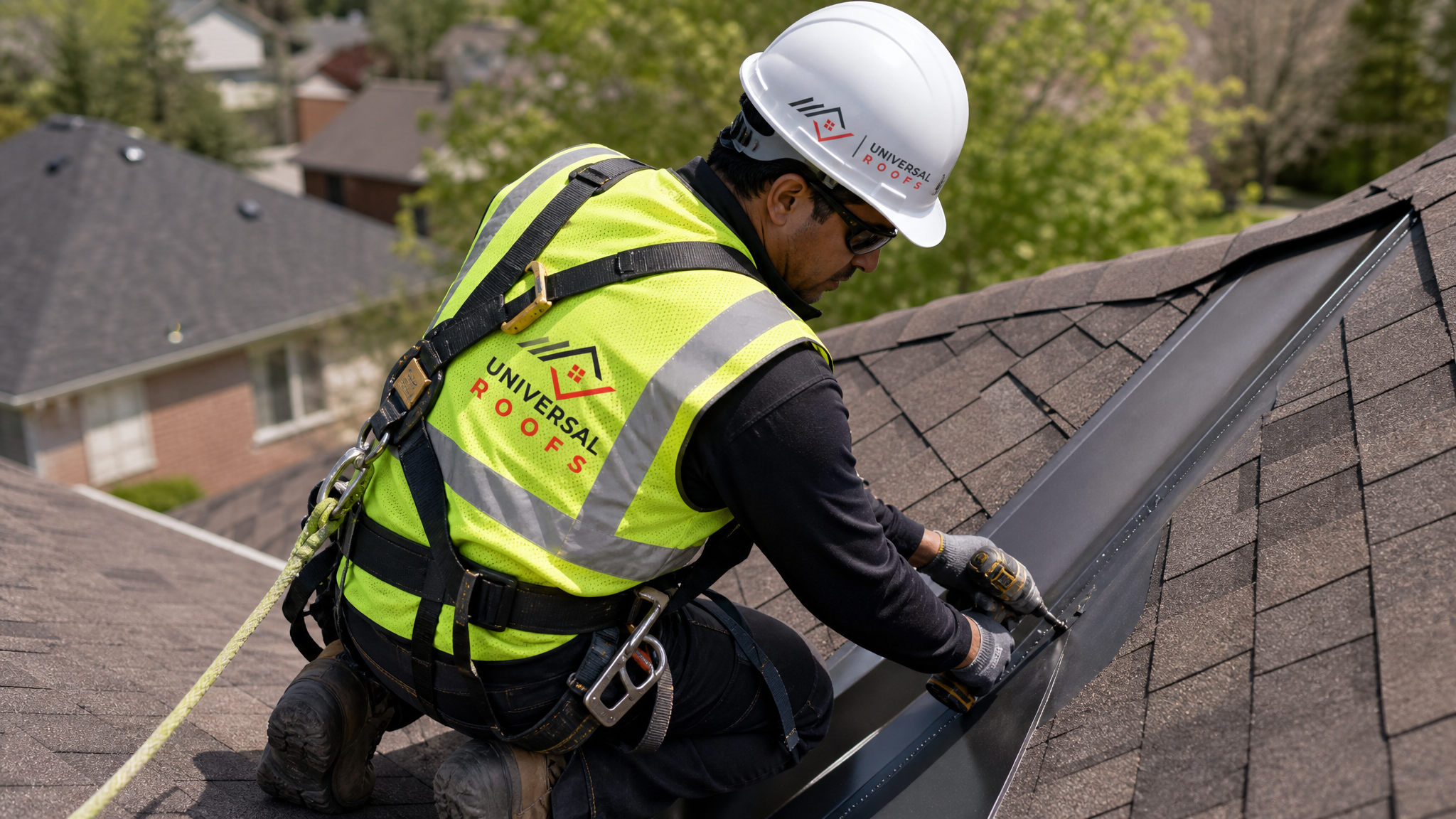Roofer wearing a harness and safety rope installing metal valley flashing on a shingle roof