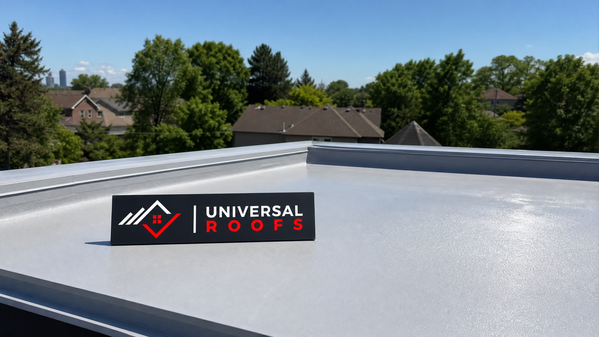 Freshly sealed flat roof with reflective UV-protective coating on a Toronto home under bright summer sun