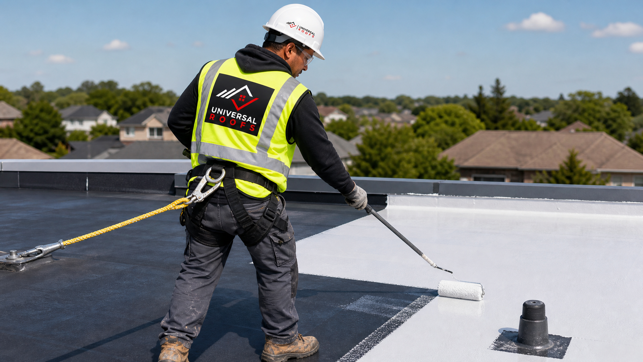 Roofer in full safety harness applying silicone UV-protective sealant to a flat roof membrane in Toronto