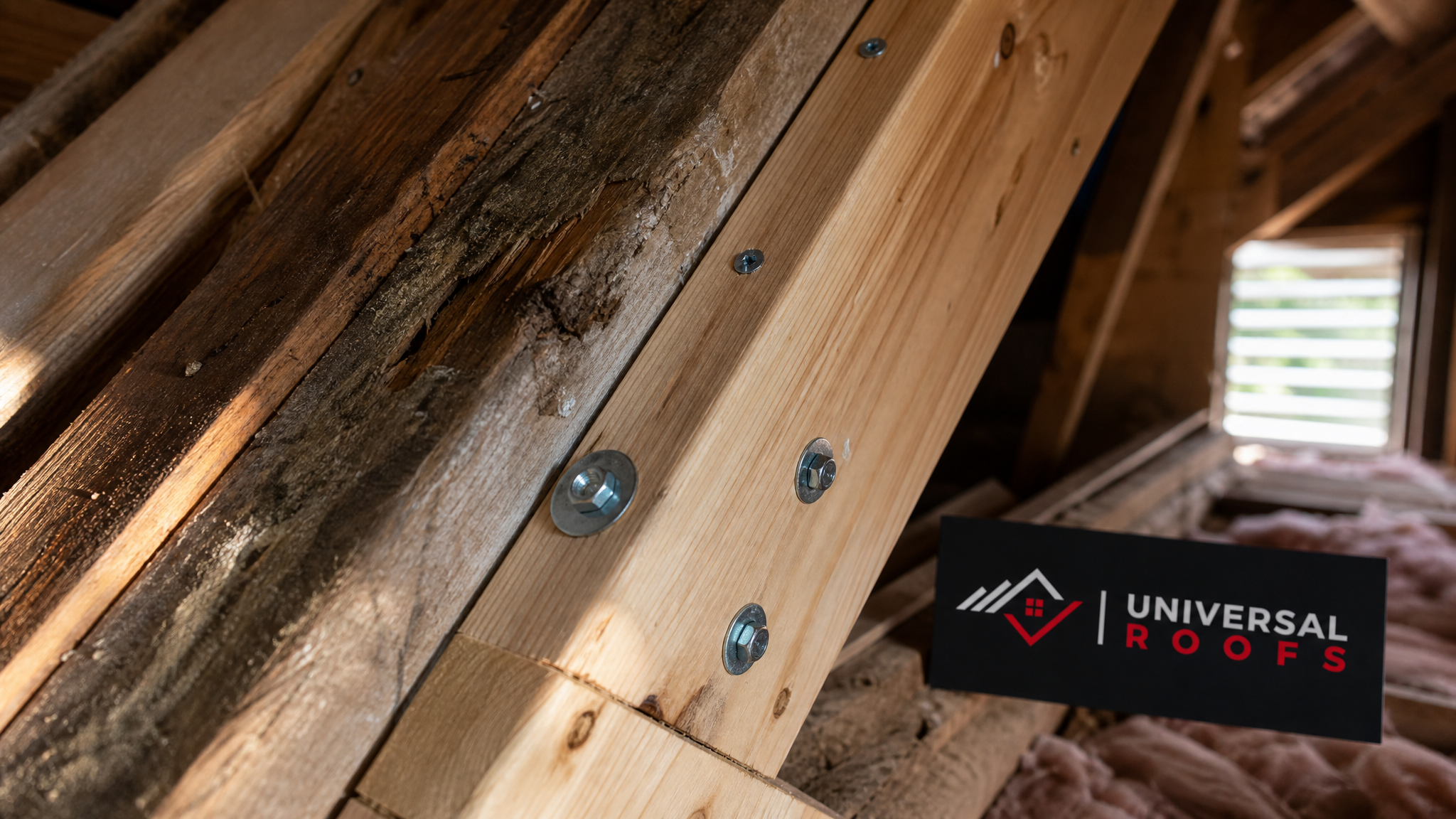 Close-up of a sistered rafter joint reinforced with structural screws during a Toronto roof sagging repair, branded sign placard nearby