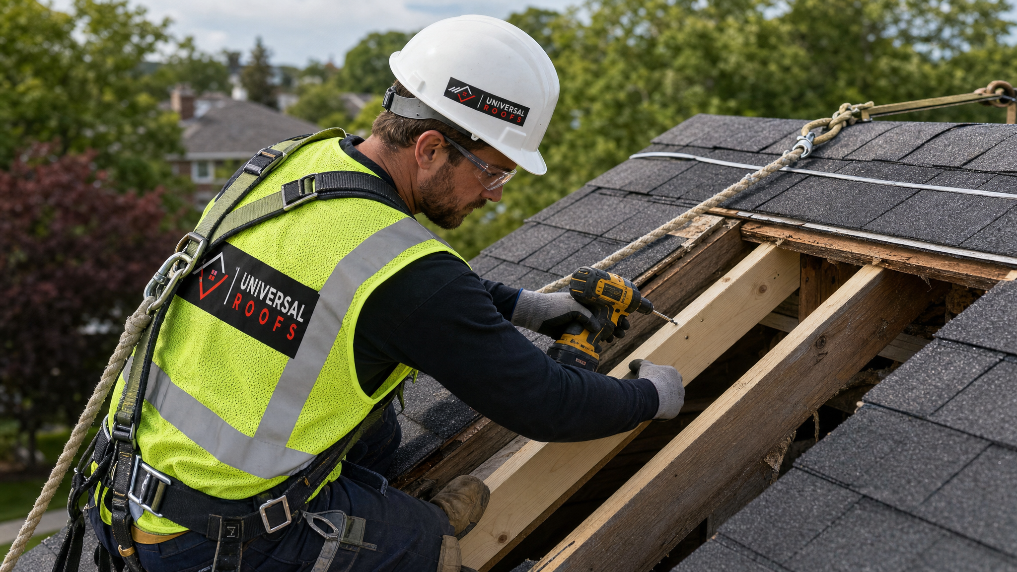 Roofer wearing full safety harness and PPE sistering a new rafter beside a damaged one during a roof sagging repair in Toronto