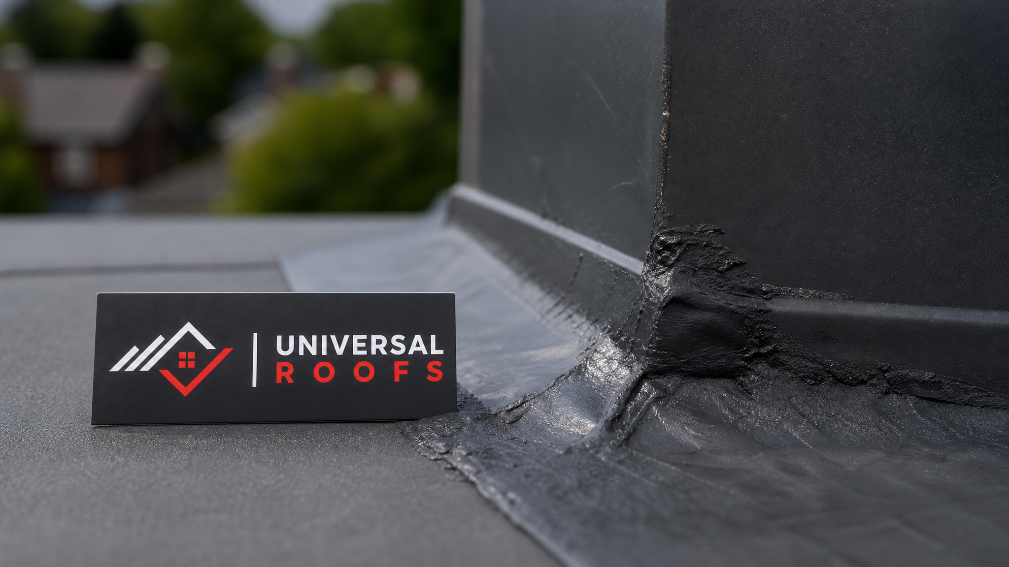 Close-up of a waterproofed flashing seam with a small Universal Roofs branded sign placard nearby