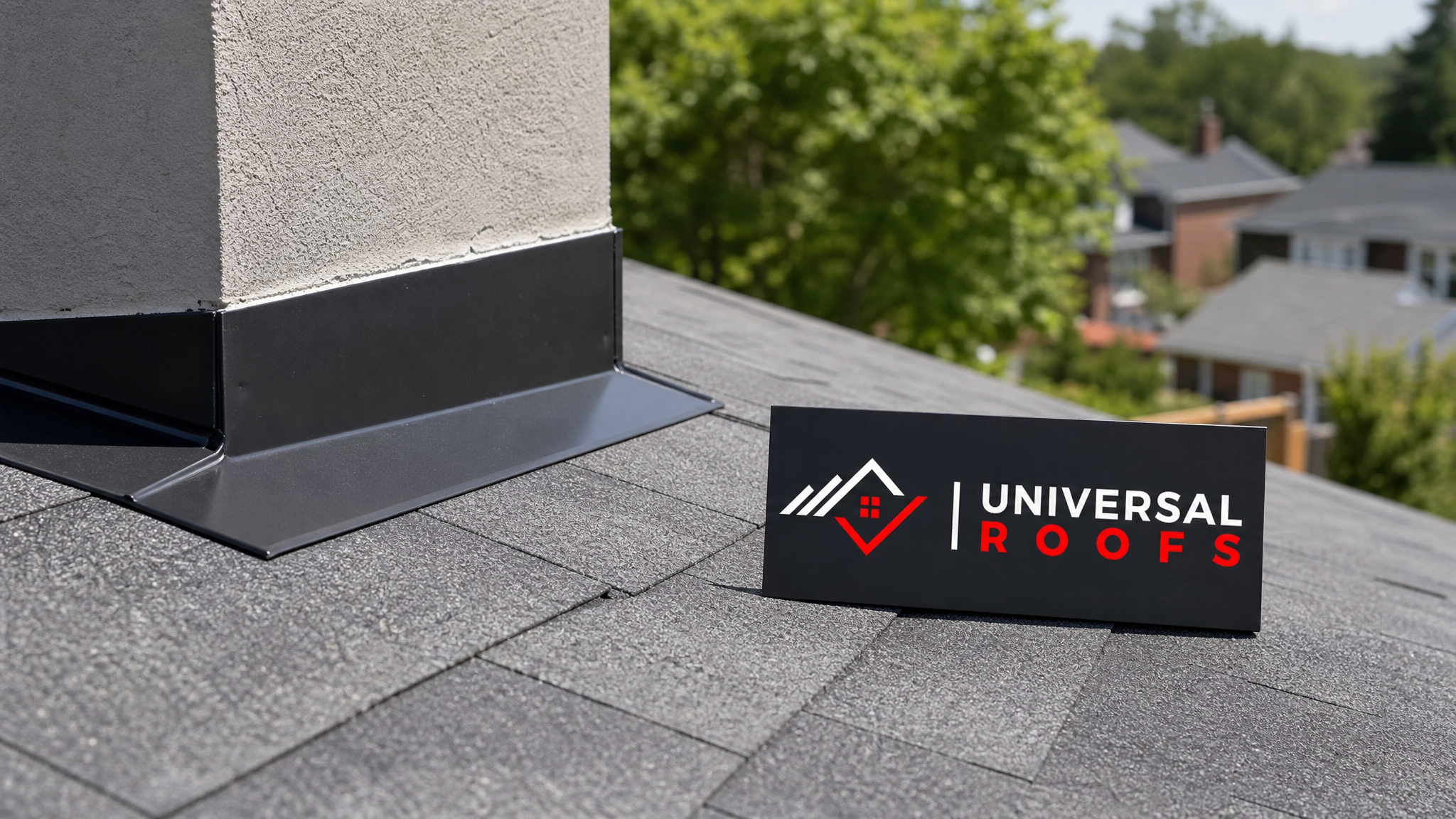 Finished, cleanly sealed roof flashing on a Toronto home with a Universal Roofs sign placard nearby
