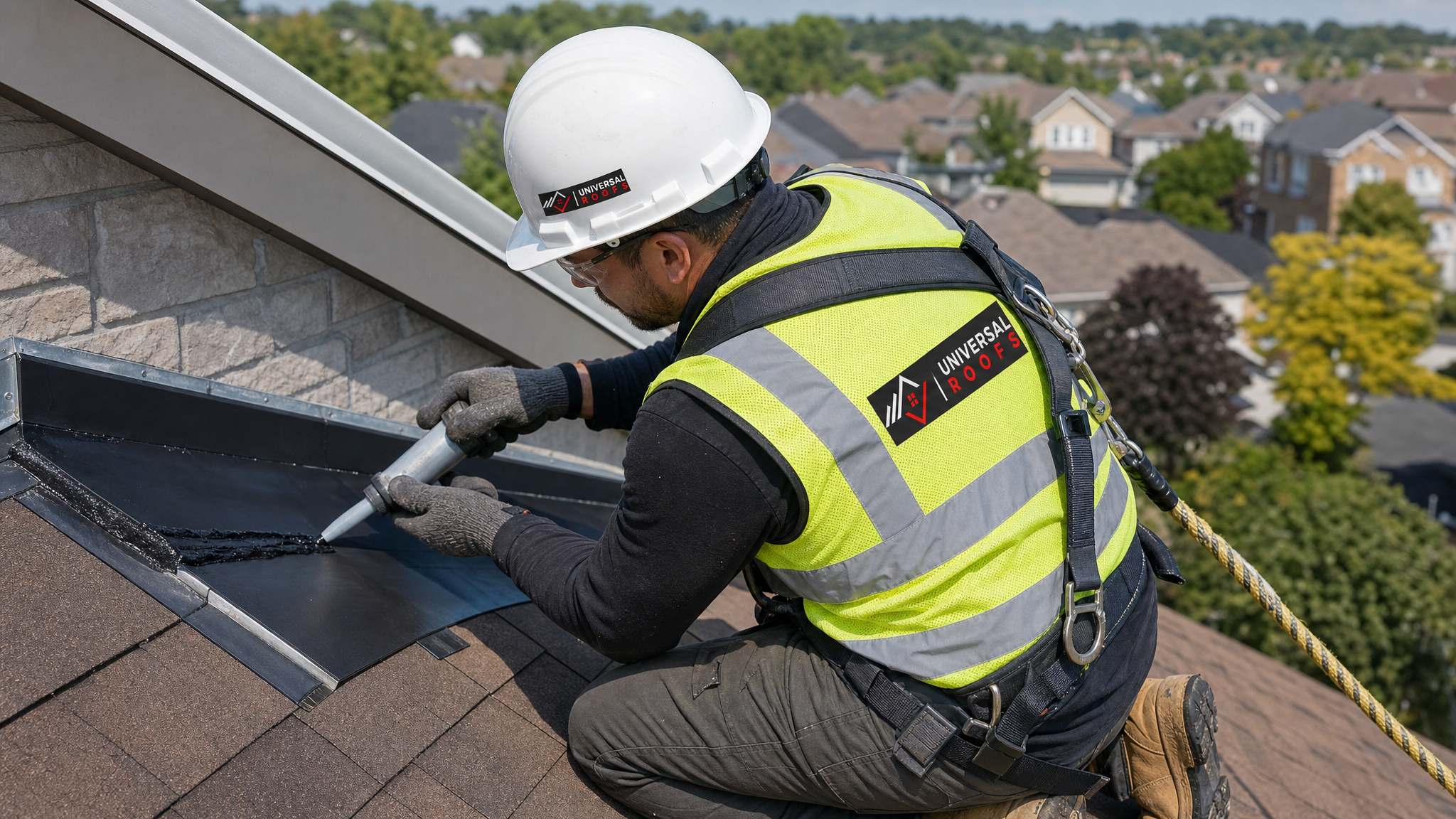 Roofer in full safety gear applying waterproofing membrane to flashing on a Toronto roof