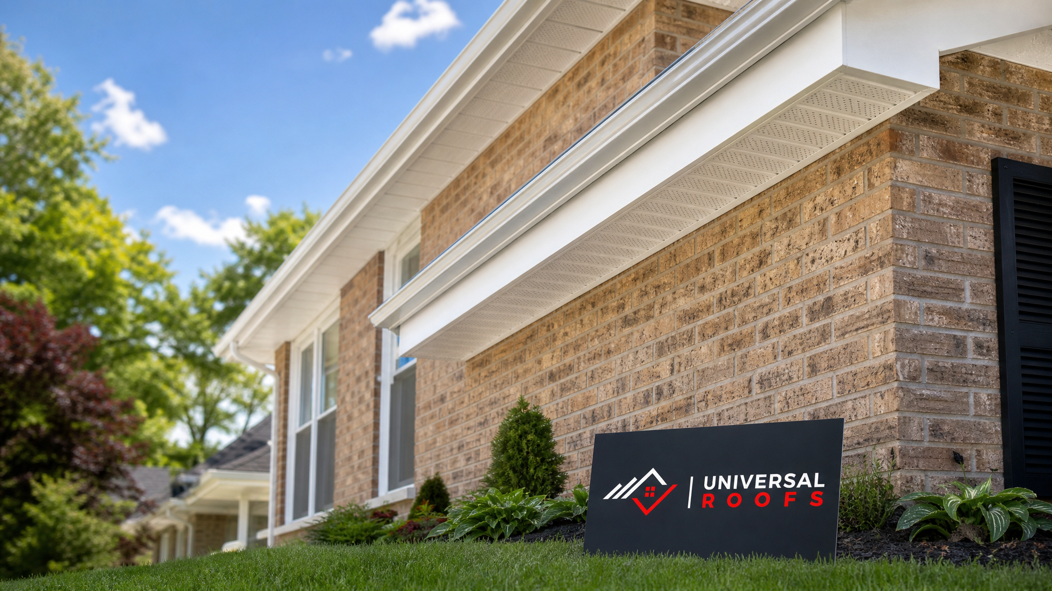 Freshly repaired white aluminum soffit and fascia along the roofline of a Toronto-area home in summer daylight