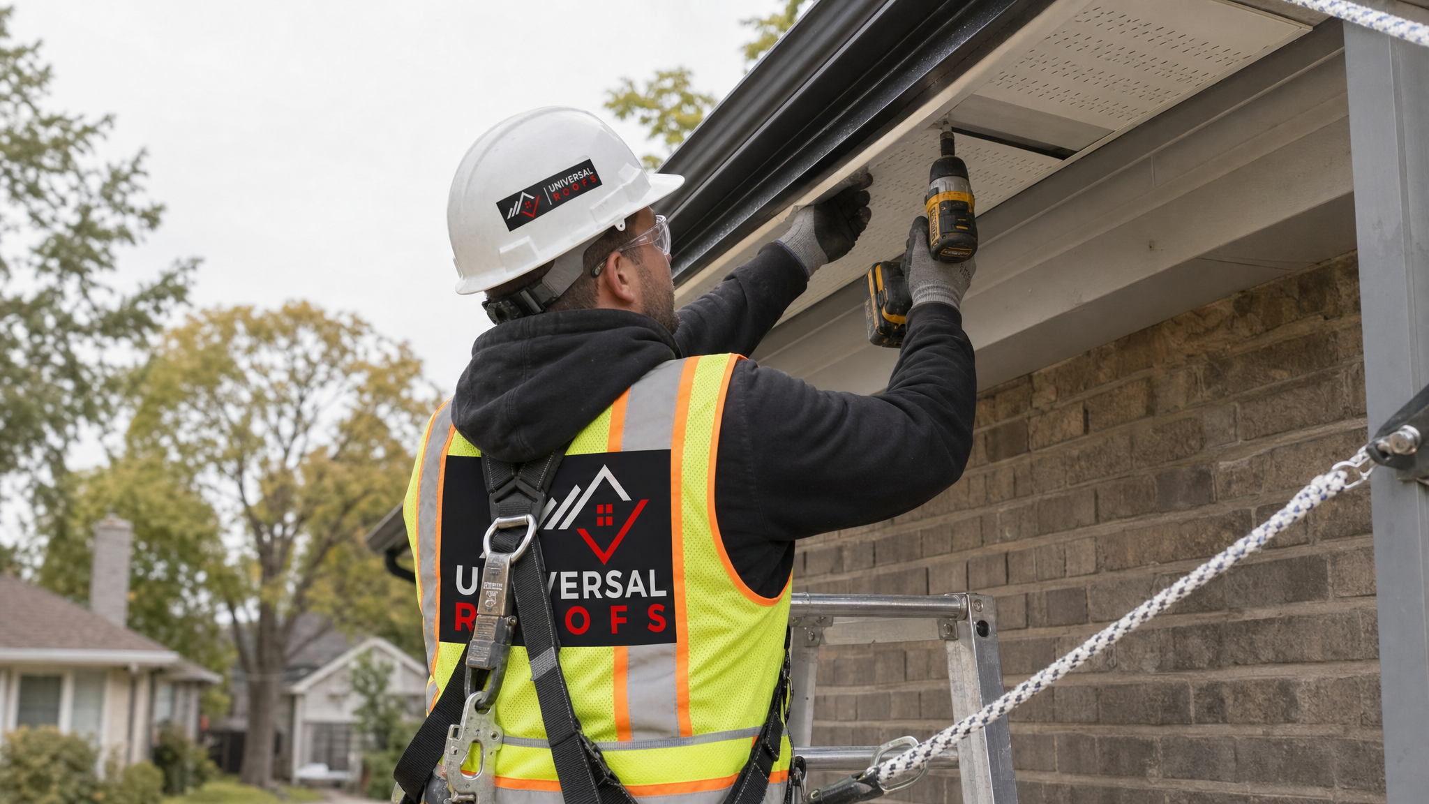 Roofer wearing full safety harness and PPE installing new aluminum soffit panels under a roof overhang on a Toronto home