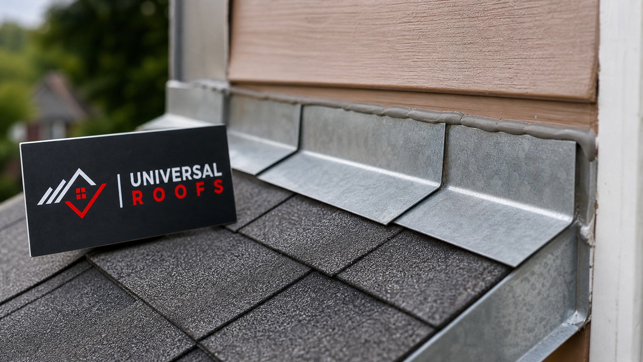 Close-up of galvanized step flashing overlapping shingles beside a bead of roofing sealant at a wall junction