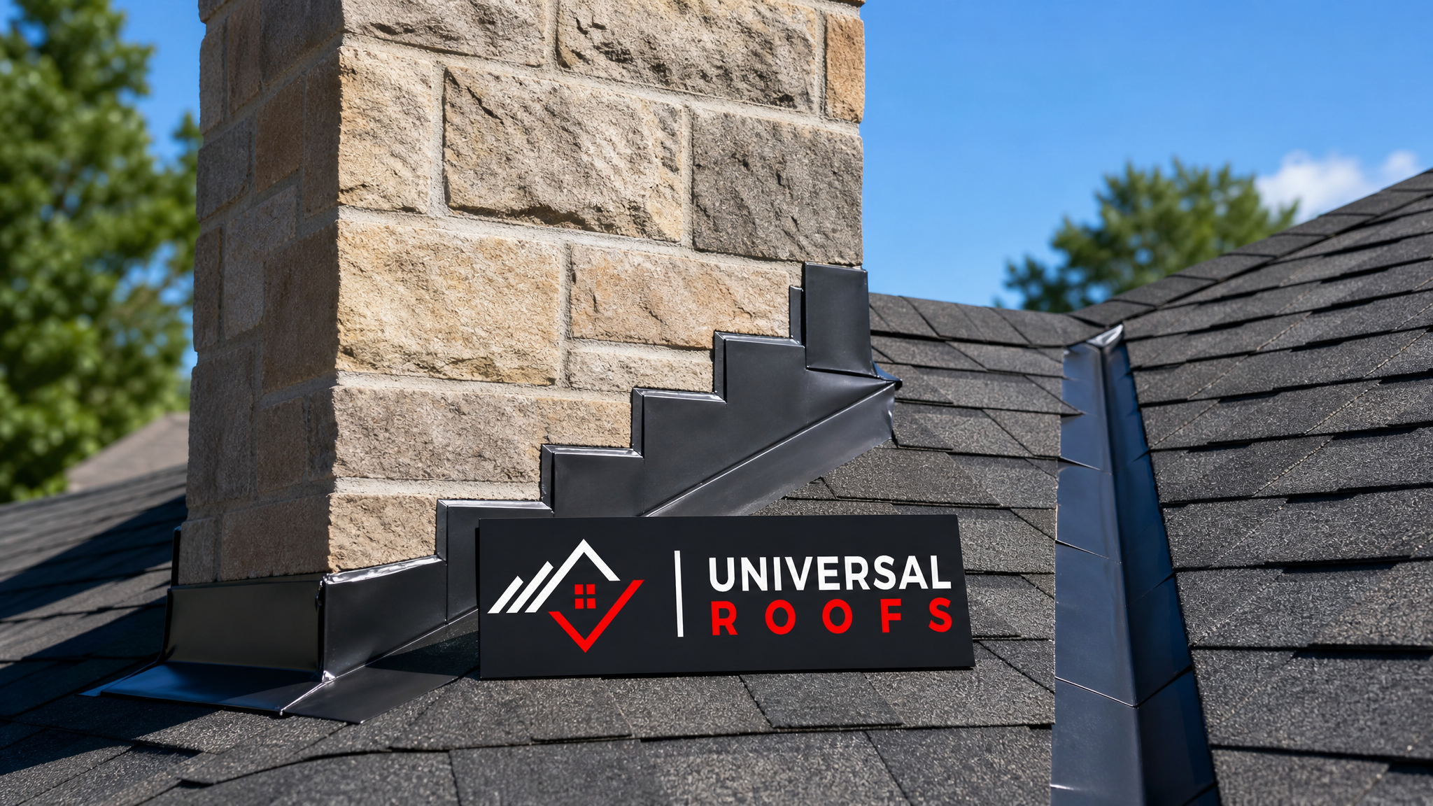 Finished roof section in Toronto showing properly installed metal flashing along a chimney and valley with no visible caulking, on a clear summer day