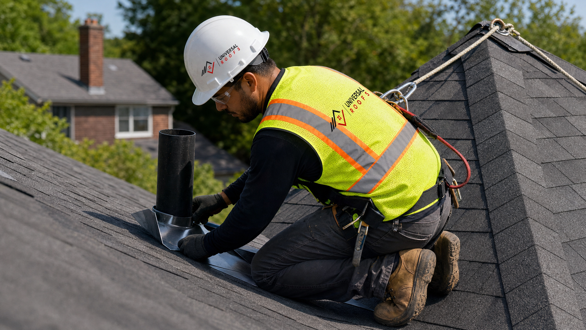 Roofer wearing full safety gear installing metal step flashing around a roof vent pipe on a Toronto home in summer
