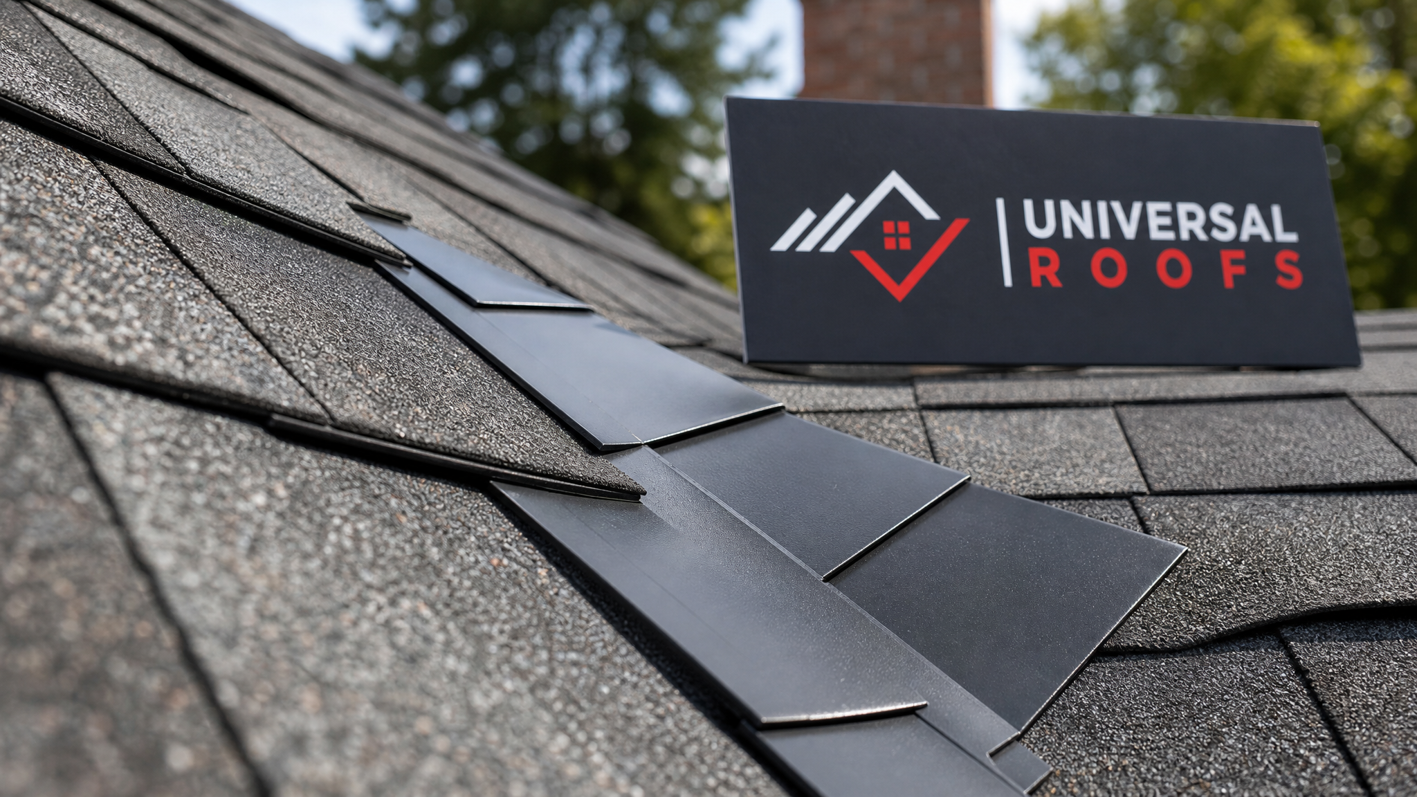 Close-up detail of overlapping asphalt shingles and metal flashing at a roof valley showing proper installation technique
